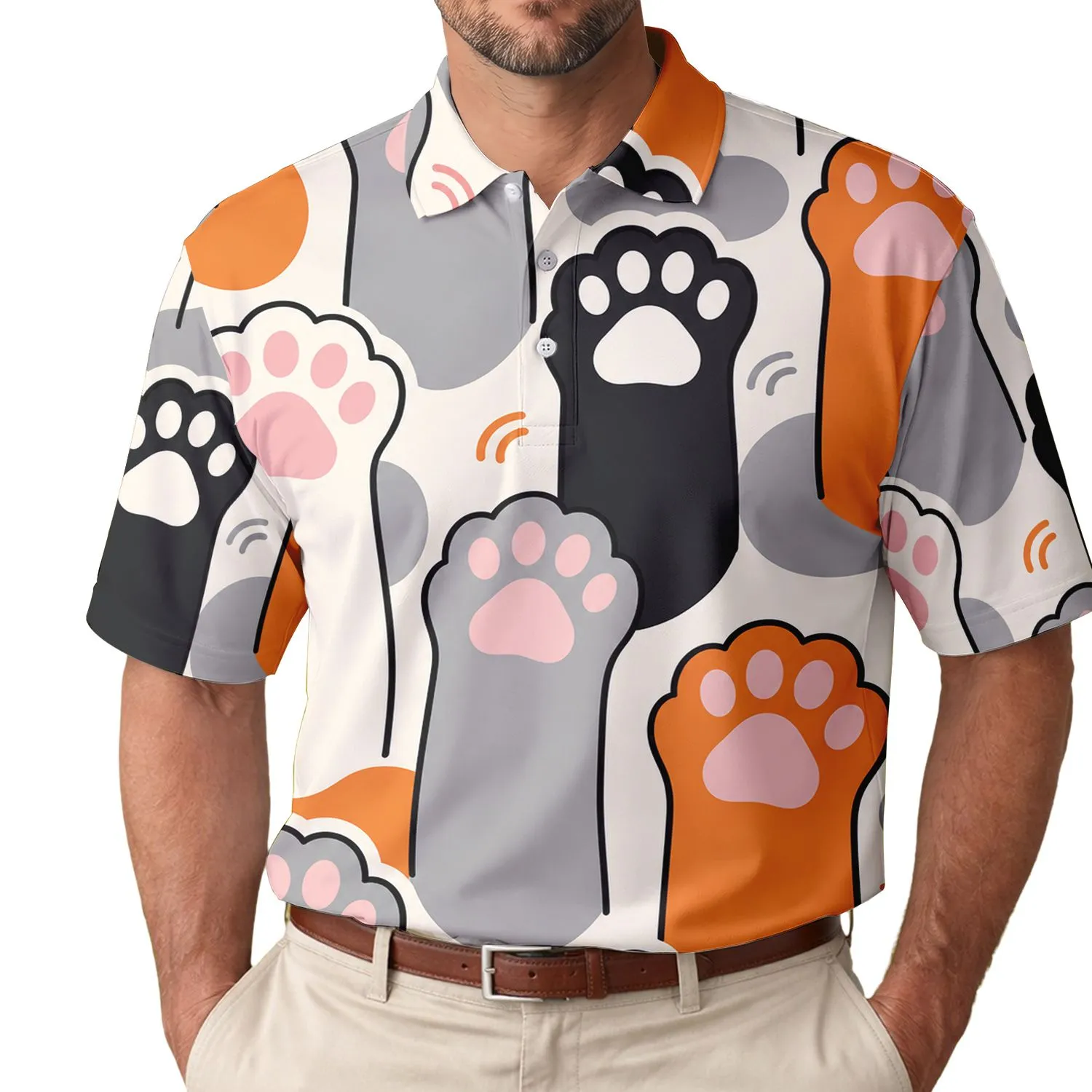 Bold Orange Black Cat Paw Motifs for Casual Weekend Wear, Pet Parents and Cat Lovers Men's Polo Shirt - 1