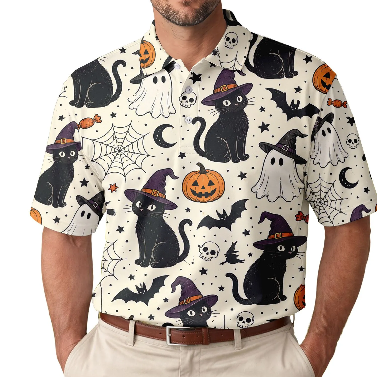 Black Cat Ghost Pumpkin Halloween Motifs for Costume Parties and Spooky Season Wear Men's Polo Shirt - 1
