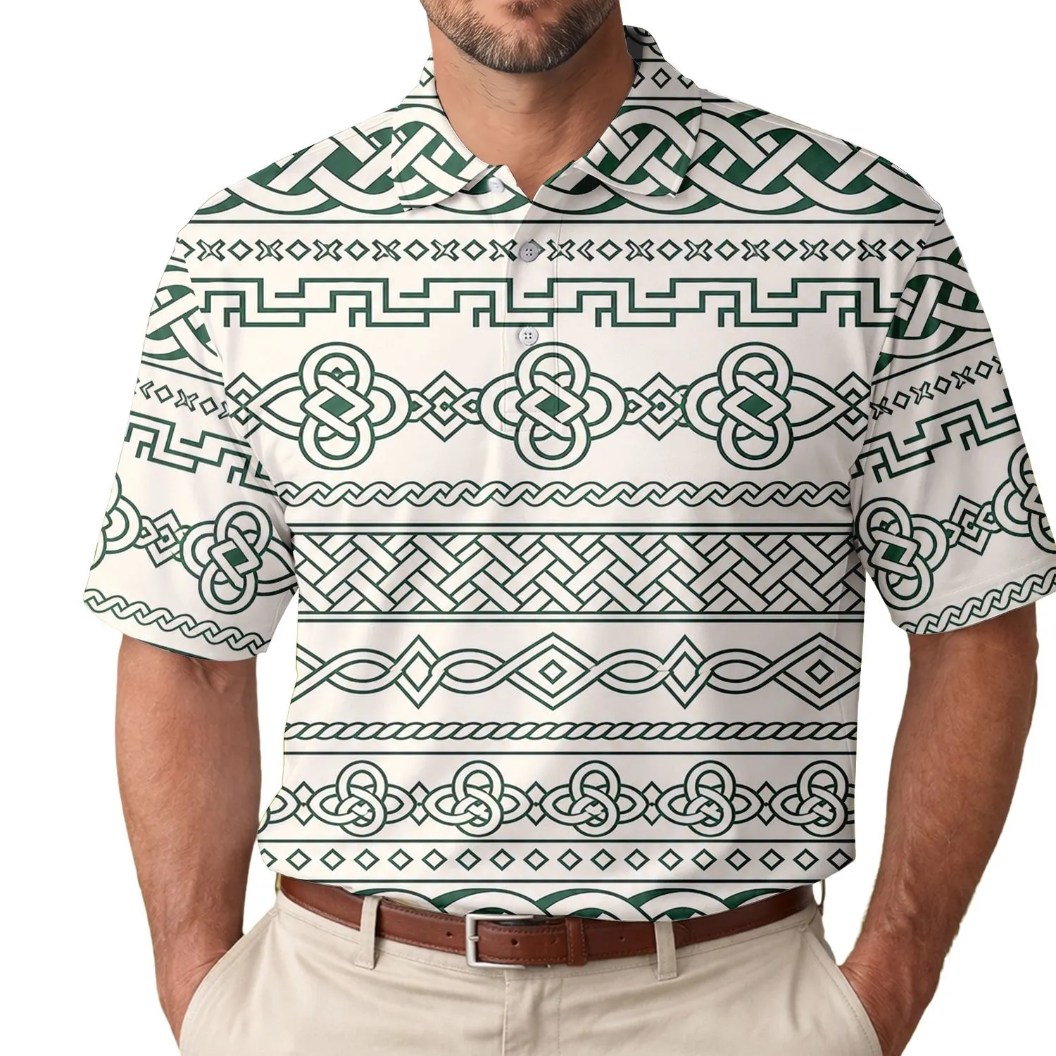 Refined Evergreen Celtic Knotwork Stripes for Classic Casual Wear and Heritage Style Men's Polo Shirt - 1