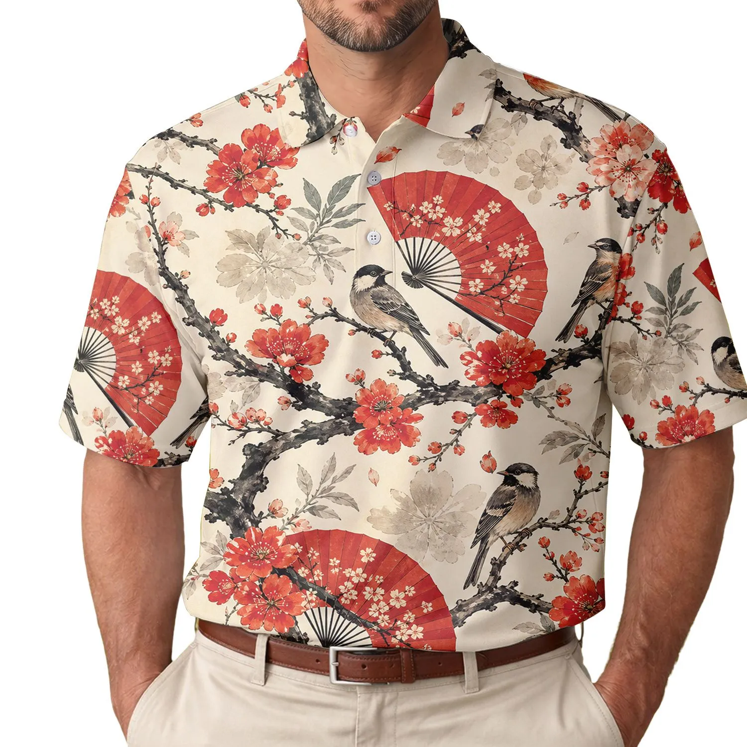 Asian Plum Blossom Songbird Fans For Spring Garden Events And Elegant Everyday Wear Men's Polo Shirt - 1