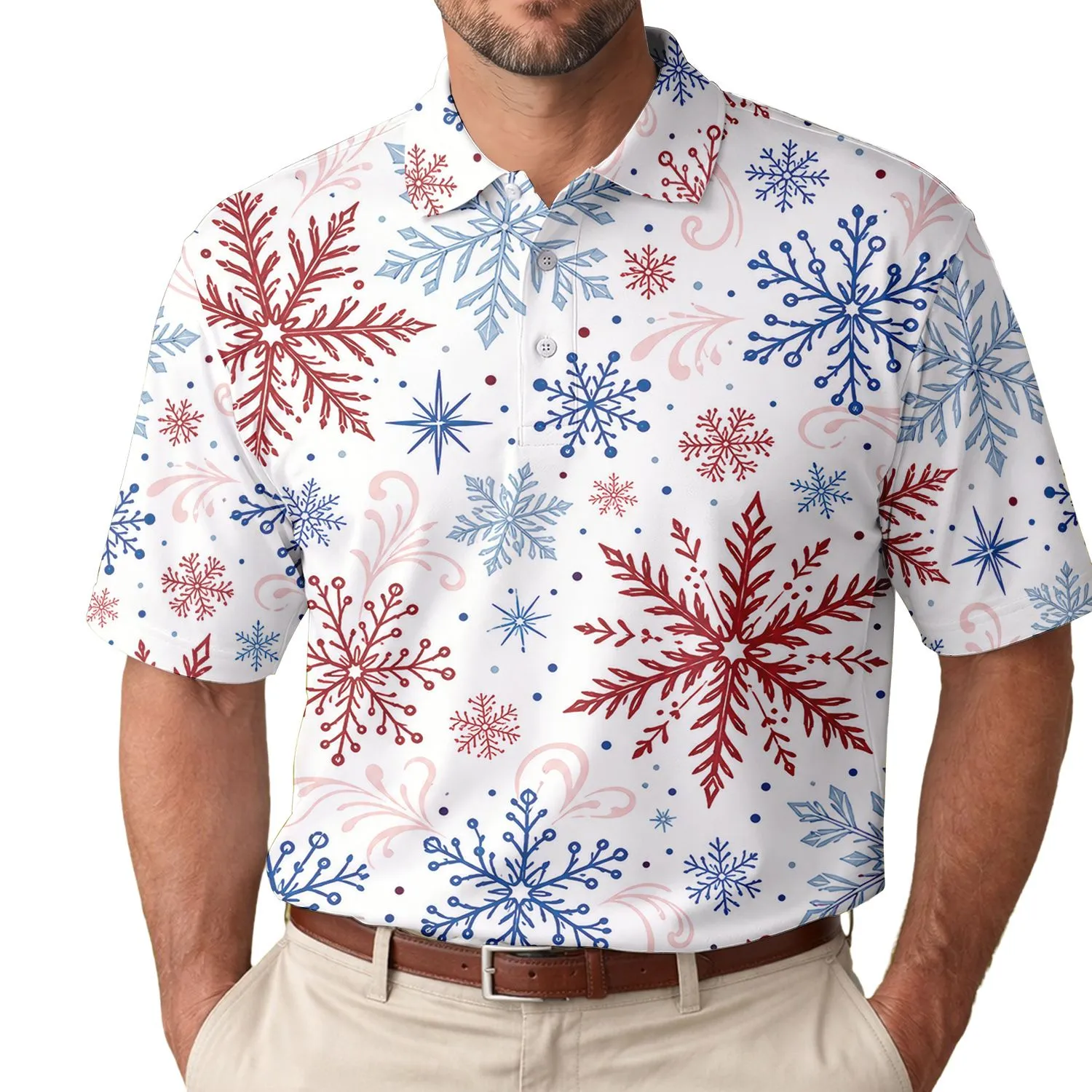 Cranberry Blue Snowflakes for Winter Holiday Gatherings and Festive Casual Outfits Men's Polo Shirt - 1