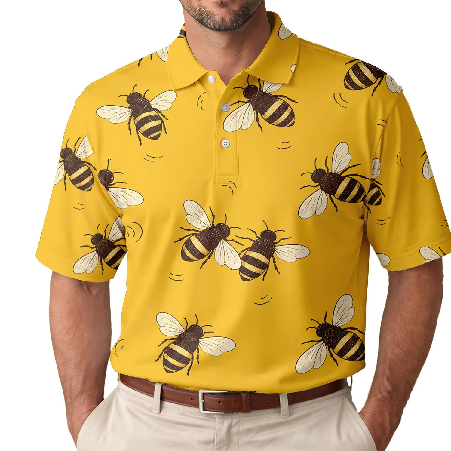 Golden Yellow Honeybee Motif for Summer Travel, Garden Parties, and Casual Weekend Wear Men's Polo Shirt - 1