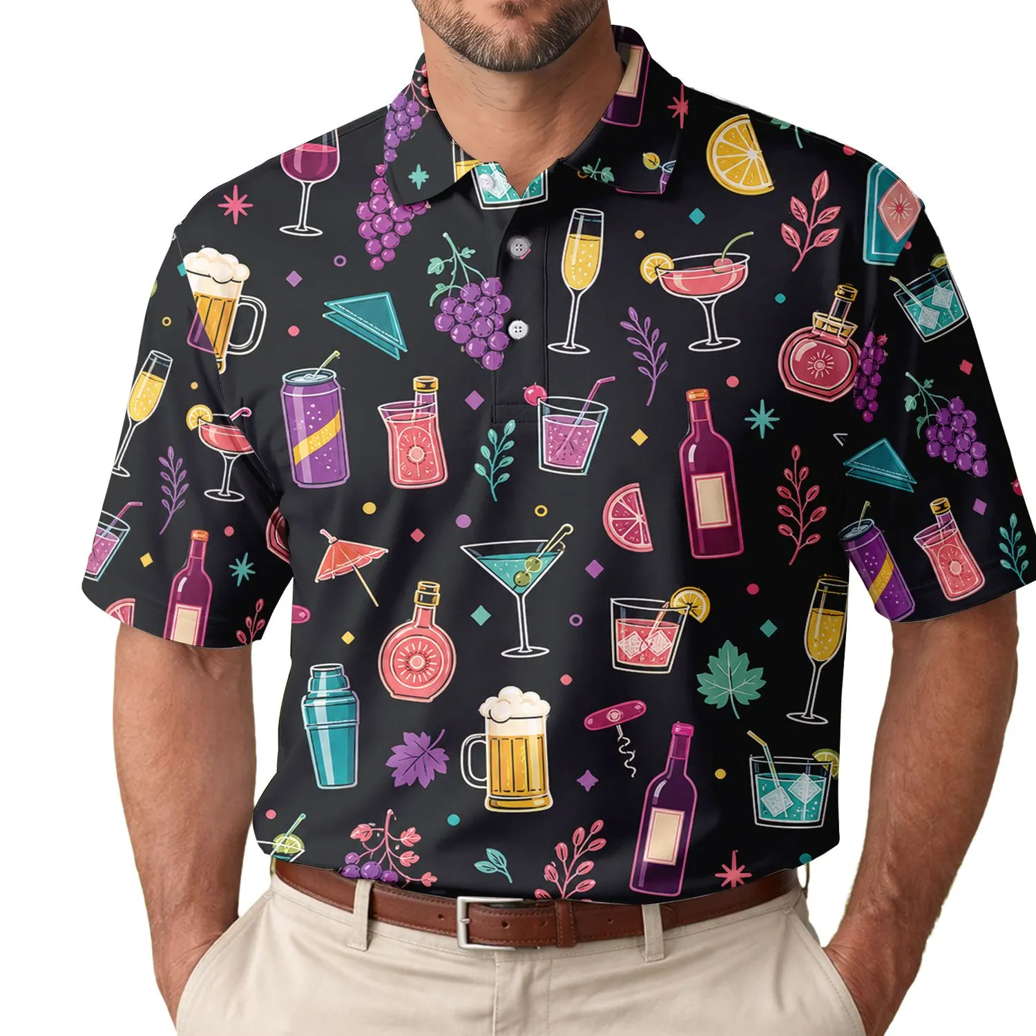 Colorful Cocktail Glasses And Bar Icons For Nightlife Parties And Evening Lounge Wear Men's Polo Shirt - 1