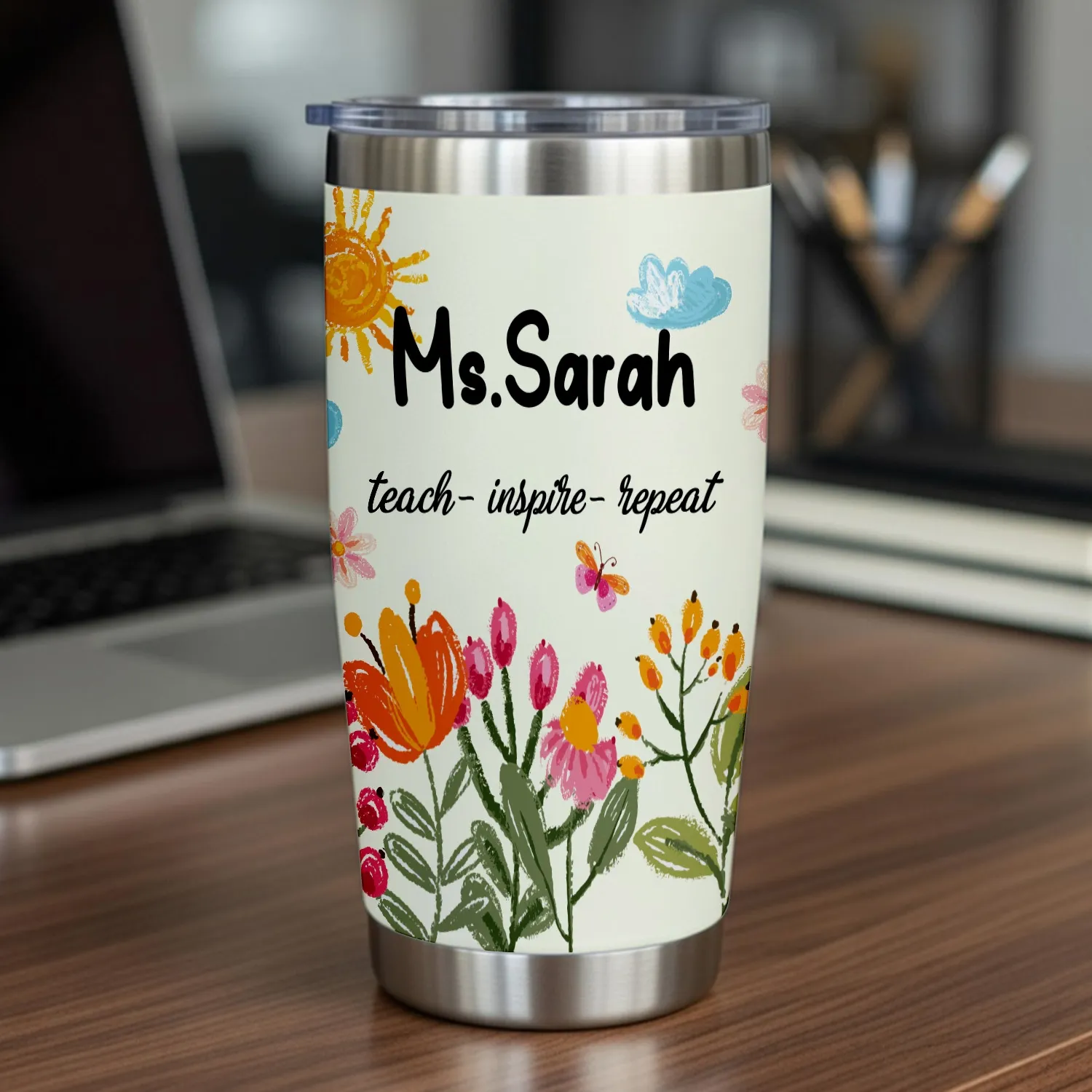 Personalized Name Tumbler - Custom Floral 20oz Gift for Teachers, Mom - 1