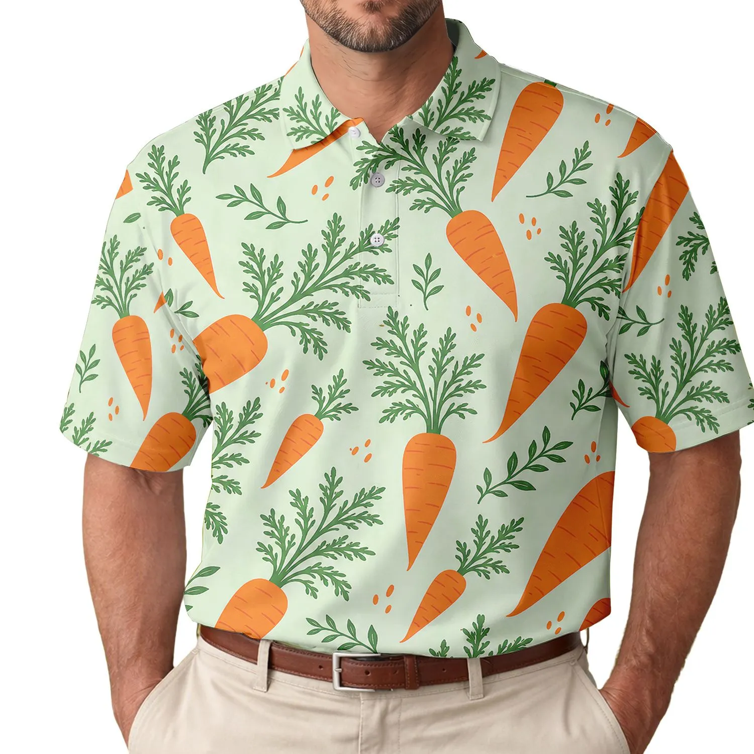 Orange Carrots on Mint Green for Summer Vacations, Garden Parties and Food Lovers Men's Polo Shirt - 1