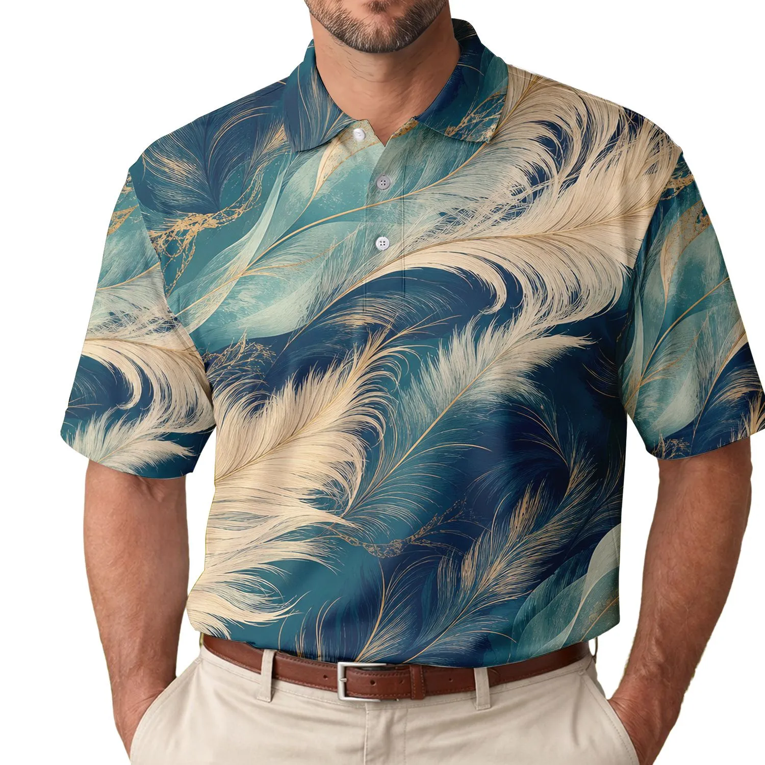 Teal Ivory Abstract Feather Waves For Coastal Vacations Golf And Resort Wear Men Men's Polo Shirt - 1