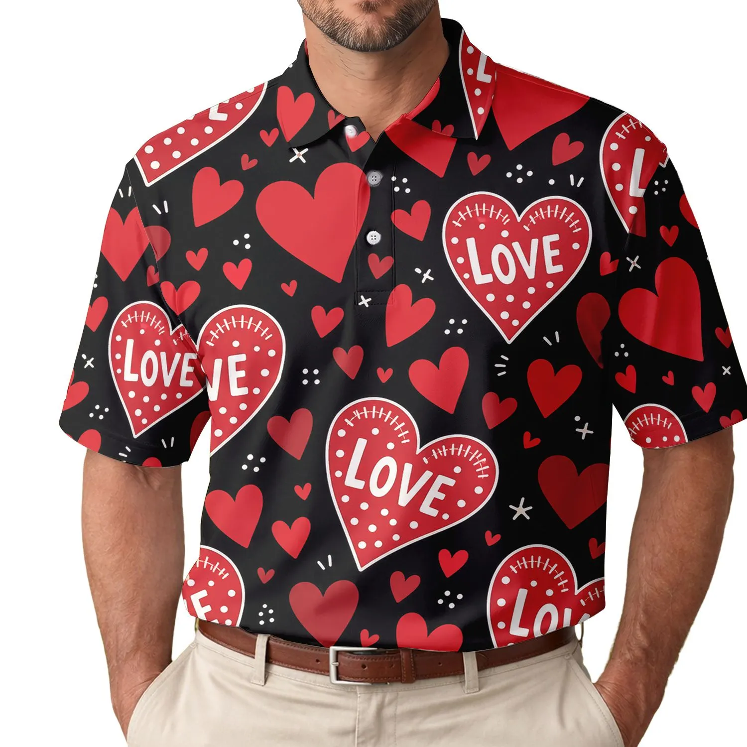 Red Love Hearts On Jet Black For Valentine's Day Dates And Romantic Casual Outfits Men's Polo Shirt - 1