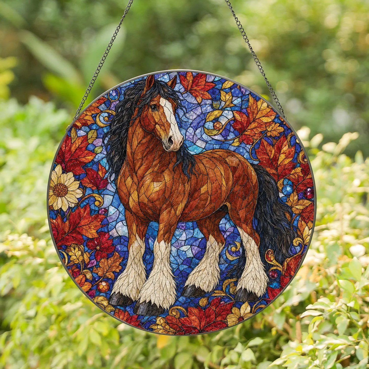 Chestnut Draft Horse Stained Glass Autumn Leaves Decor for Equestrian Home Lovers Stained Glass Suncatcher - 1