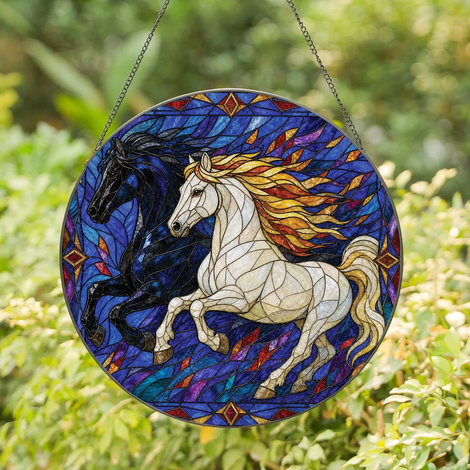 Galloping White And Black Horses Stained Glass Window Decor For Equestrian Home Gifts Stained Glass Suncatcher - 1