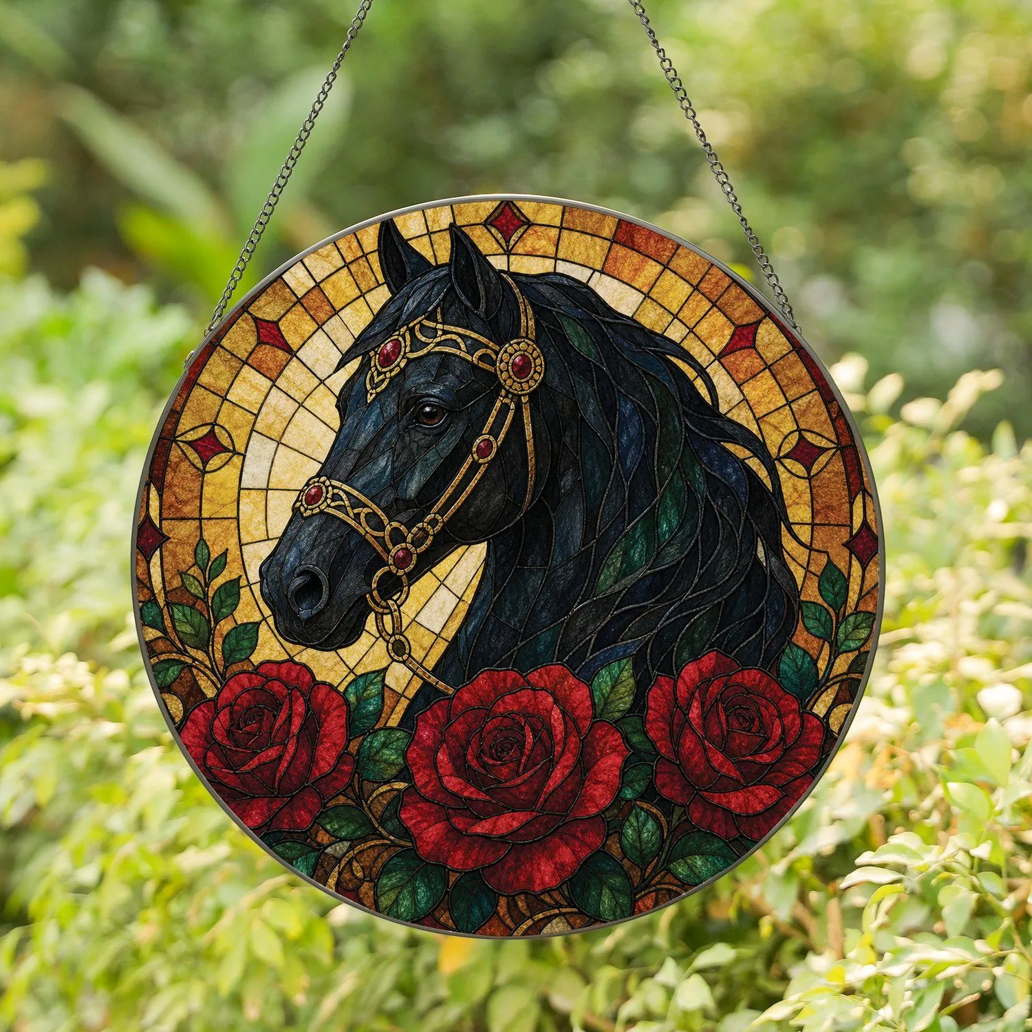 Black Horse Stained Glass Roses Gothic Equestrian Decor for Horse Lovers Home Gift Stained Glass Suncatcher - 1