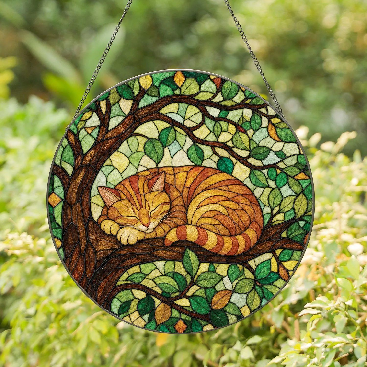 Sleeping Ginger Tabby Cat Stained Glass Window Decor for Cozy Cottage Home Lovers Stained Glass Suncatcher - 1
