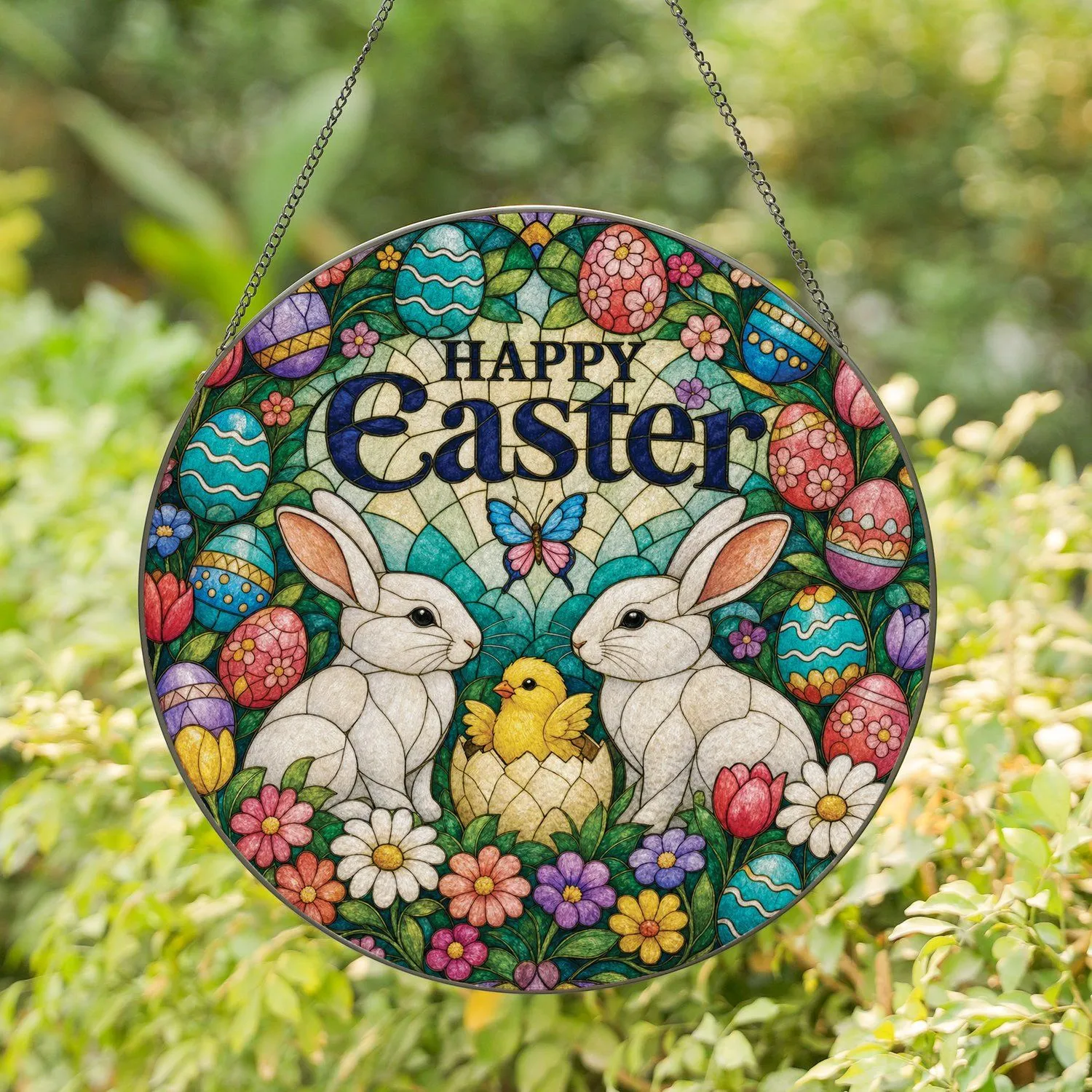 Happy Easter Stained Glass Rabbit And Chick Garden Window Decor For Spring Homes Stained Glass Suncatcher - 1