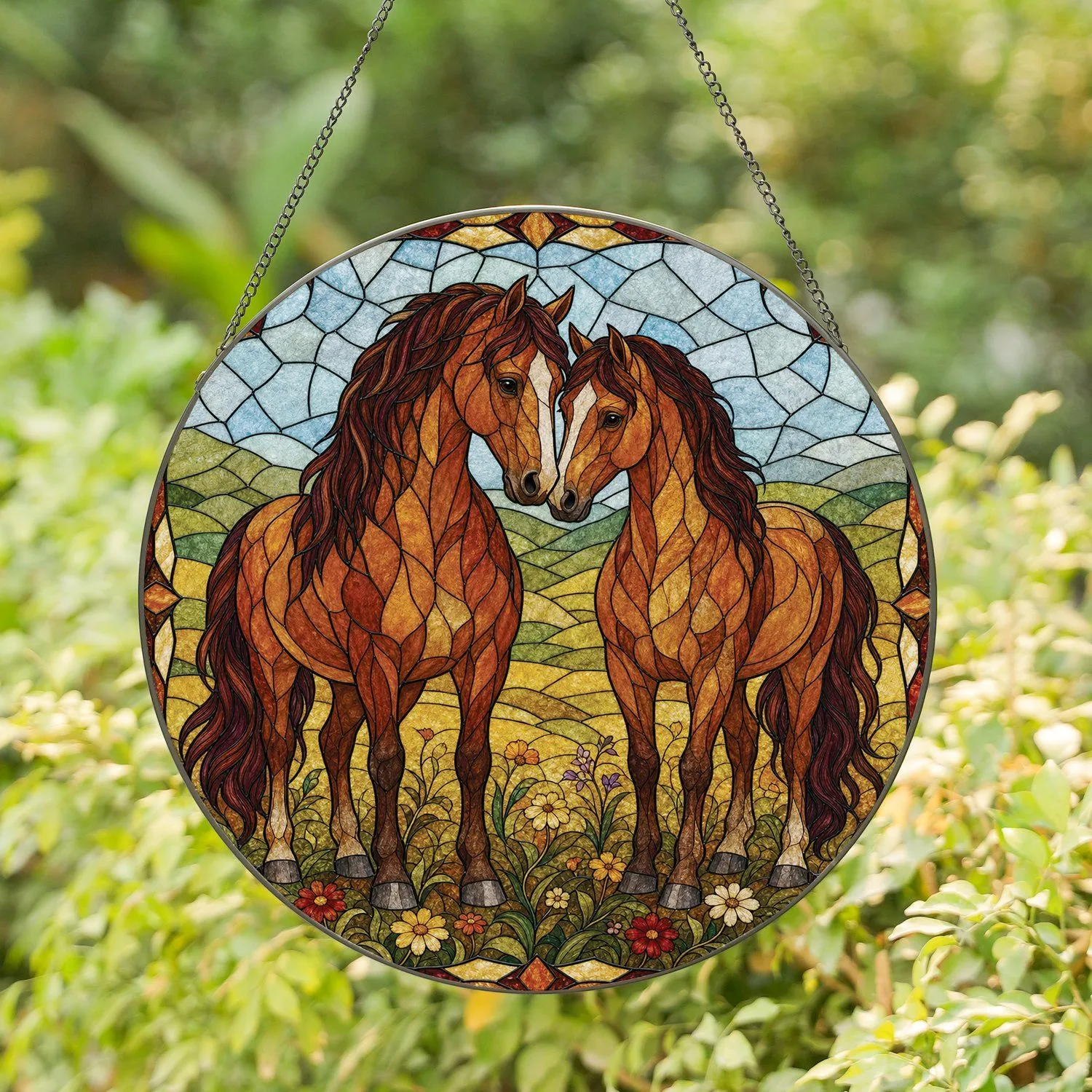 Paired Chestnut Horses Stained Glass Window Decor For Rustic Farmhouse Horse Lovers Stained Glass Suncatcher - 1