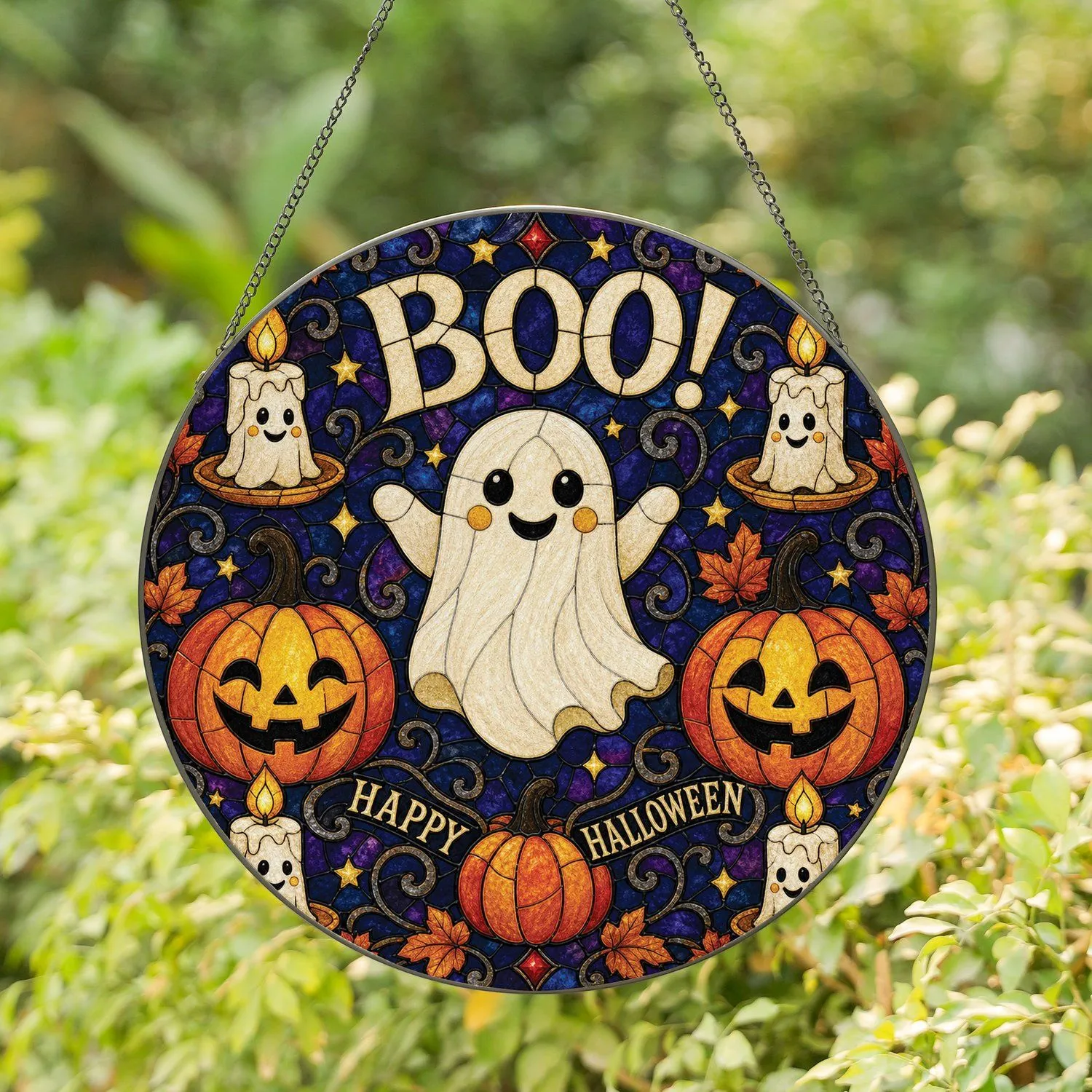 Halloween Ghost Pumpkin Stained Glass Decor for Spooky Home Window Display Accent Stained Glass Suncatcher - 1