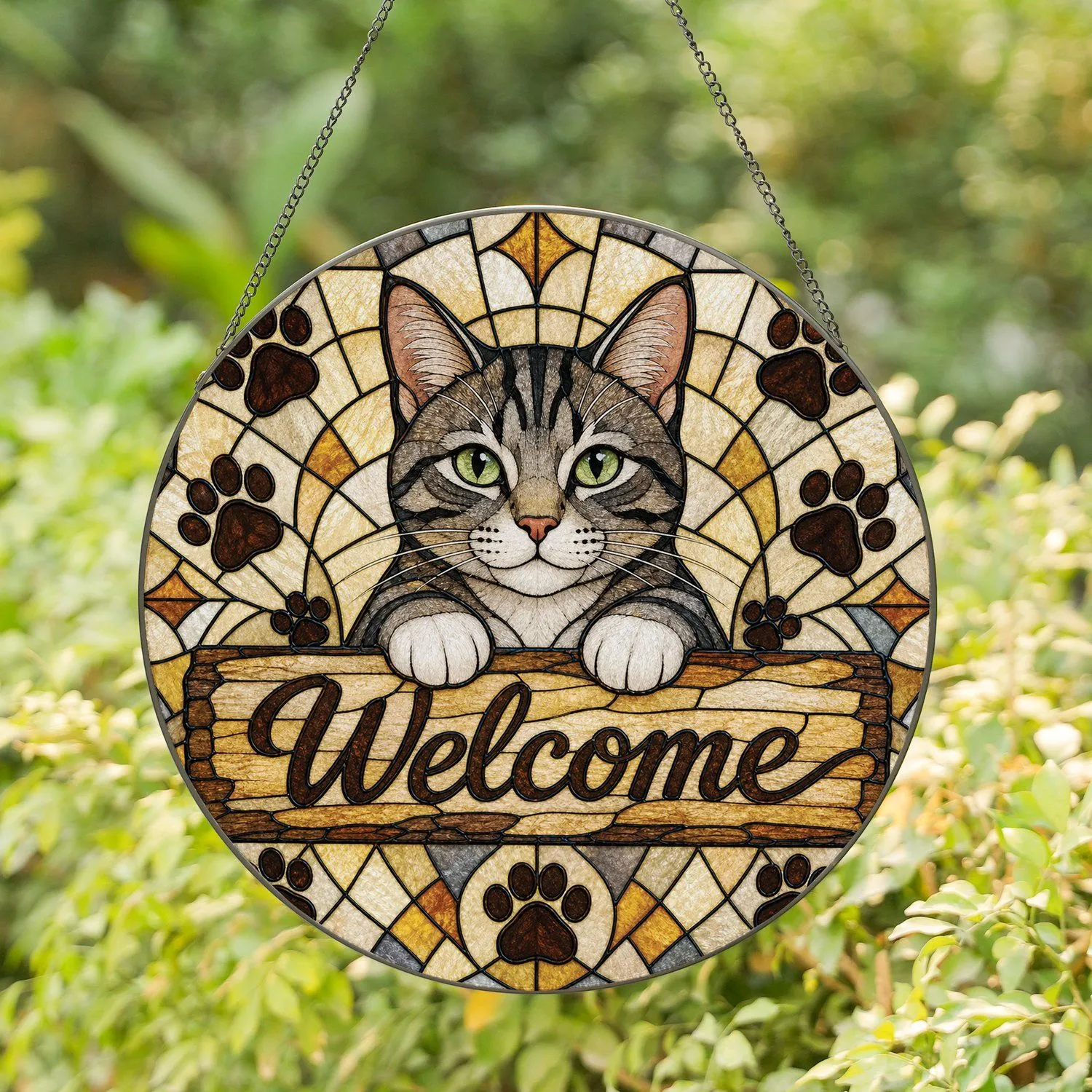 Gray Tabby Cat Welcome Plaque for Rustic Pet Home Entryway Decor and Cat Lover Gifts Stained Glass Suncatcher - 1