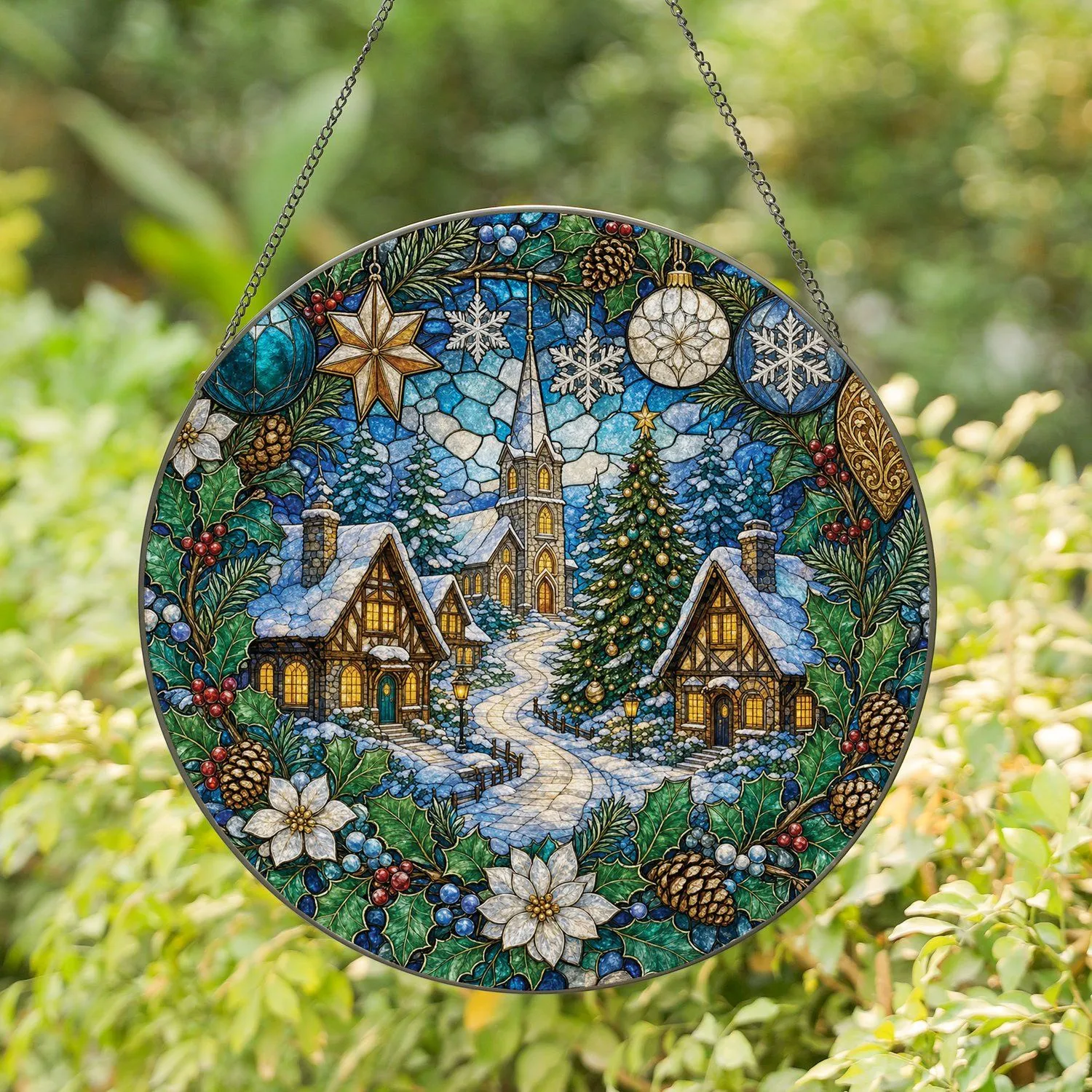 Winter Village Stained Glass Christmas Decor For Cozy Home Holiday Gifts And Winter Homes Stained Glass Suncatcher - 1