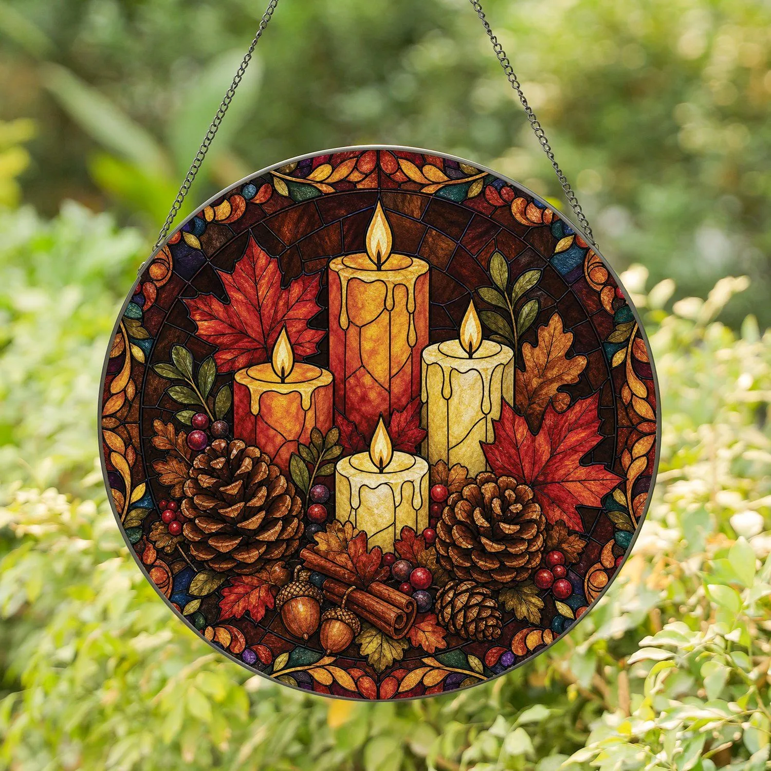 Autumn Candle Pine Cone Wreath For Thanksgiving Farmhouse Mantel And Entryway Decor Stained Glass Suncatcher - 1