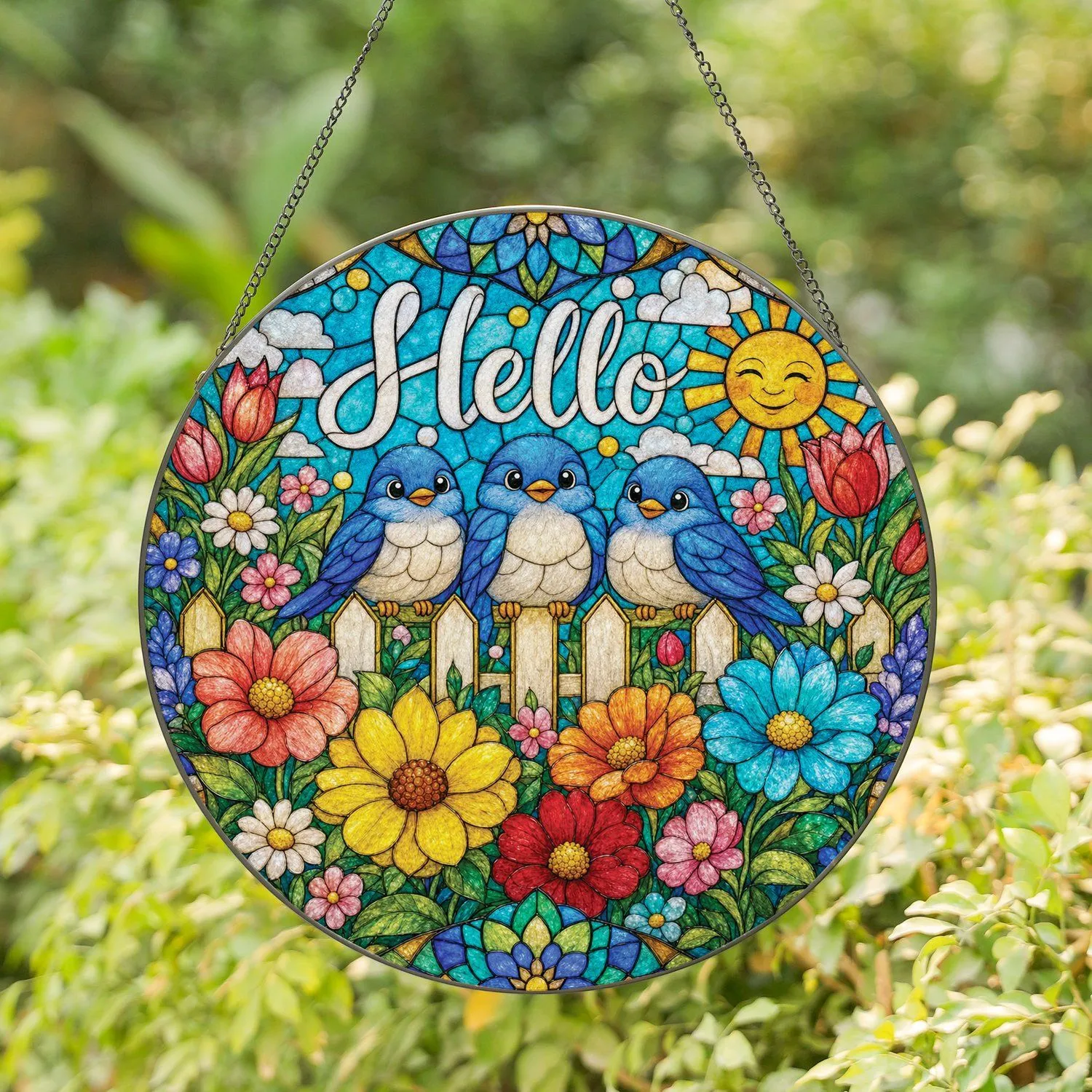 Hello Bluebird Spring Garden Stained Glass Style Home Decor For Moms And Bird Lovers Stained Glass Suncatcher - 1