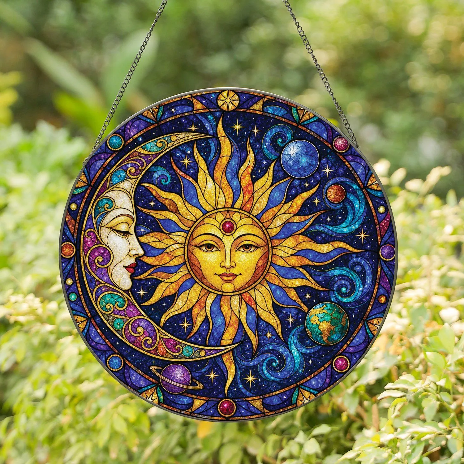 Stained Glass Sun Moon Celestial Wall Decor for Boho Home Meditation And Yoga Spaces Stained Glass Suncatcher - 1