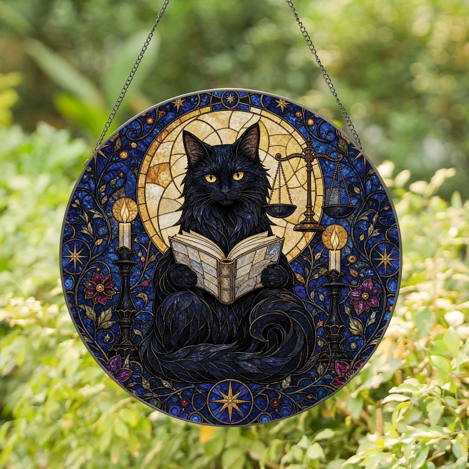 Black Cat Reading Book Stained Glass Window Hanging for Gothic Library Enthusiasts Stained Glass Suncatcher - 1