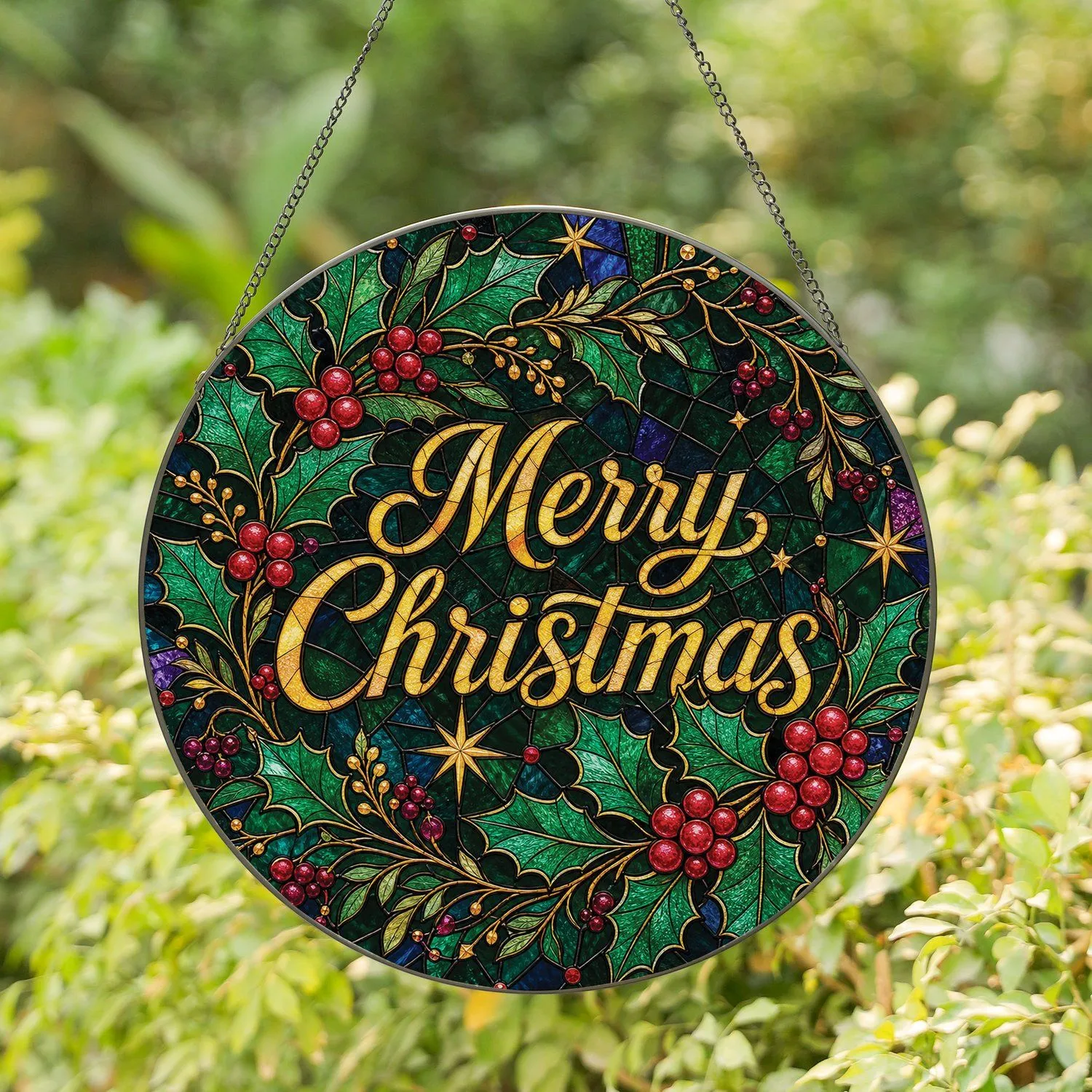 Tiffany Style Merry Christmas Holly Wreath Festive Window Decor for Holiday Home Displays Stained Glass Suncatcher - 1