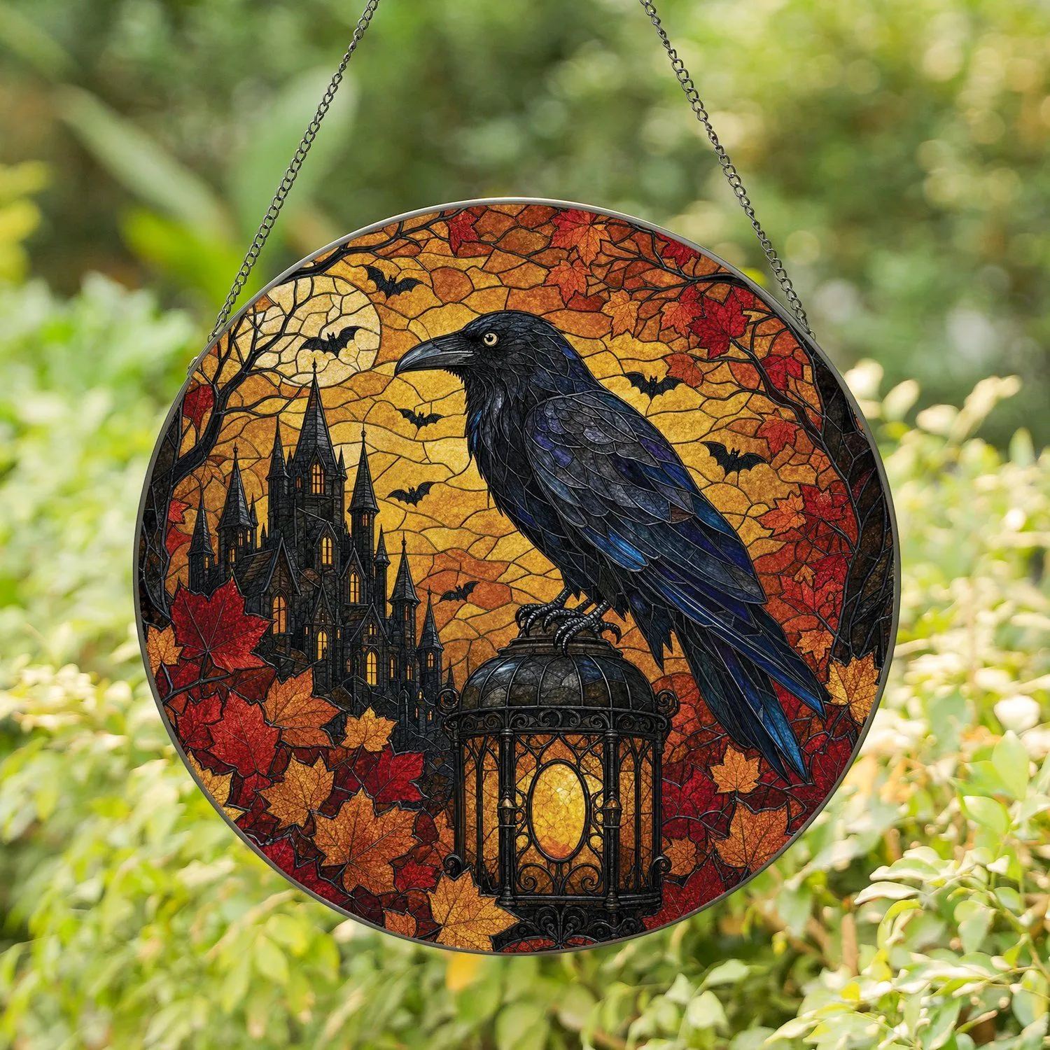 Gothic Raven Lantern Halloween Window Decor For Autumn Home Lovers And Collectors Stained Glass Suncatcher - 1