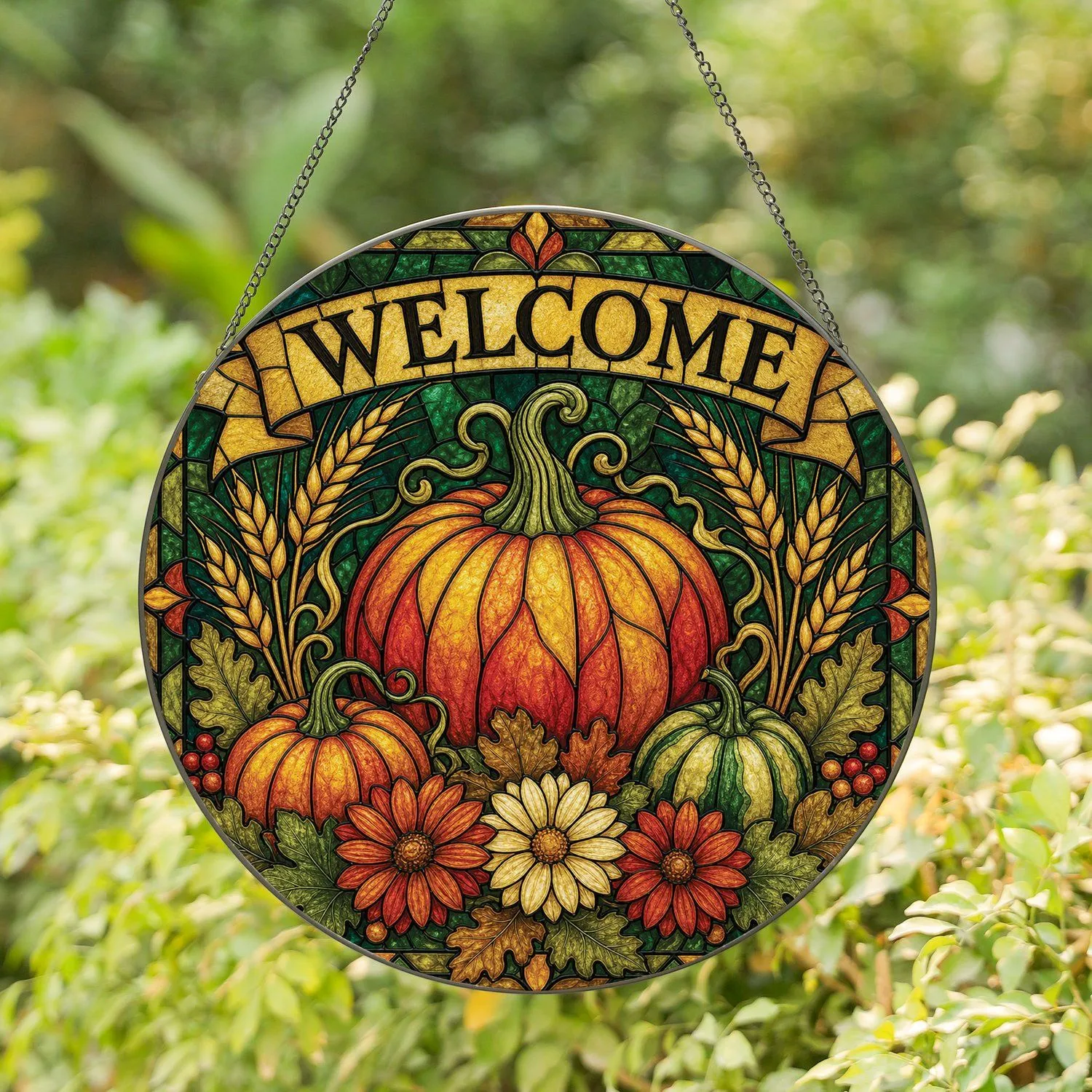 Stained Glass Pumpkin Welcome Sign For Autumn Harvest Farmhouse Decor Stained Glass Suncatcher - 1