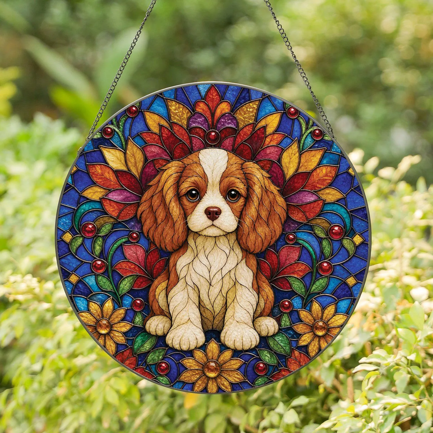 Stained Glass Spaniel Puppy With Autumn Flowers Cozy Window Gift For Dog Lovers Stained Glass Suncatcher - 1