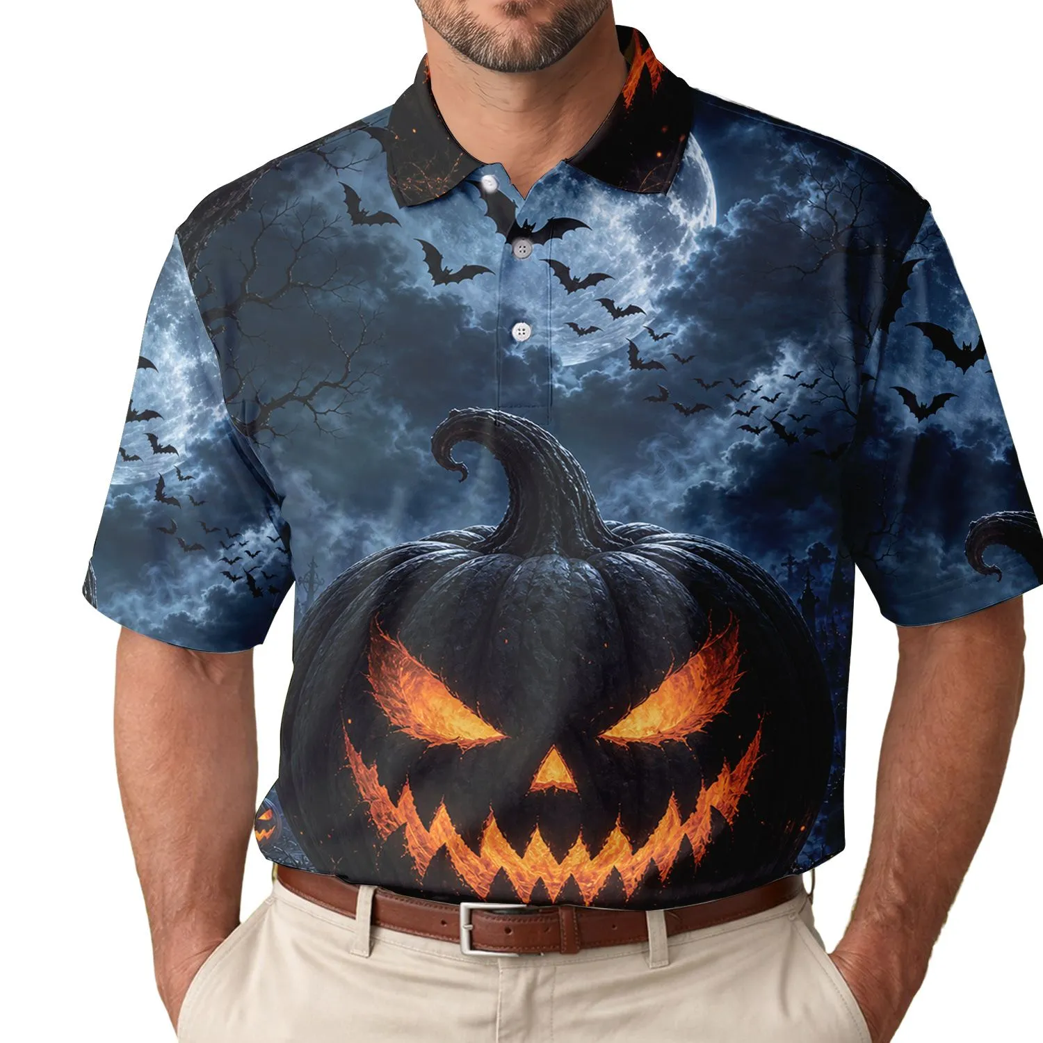 Glowing Jack O Lantern Moon Bats Graveyard Halloween Party Costume For Men Men's Polo Shirt - 1
