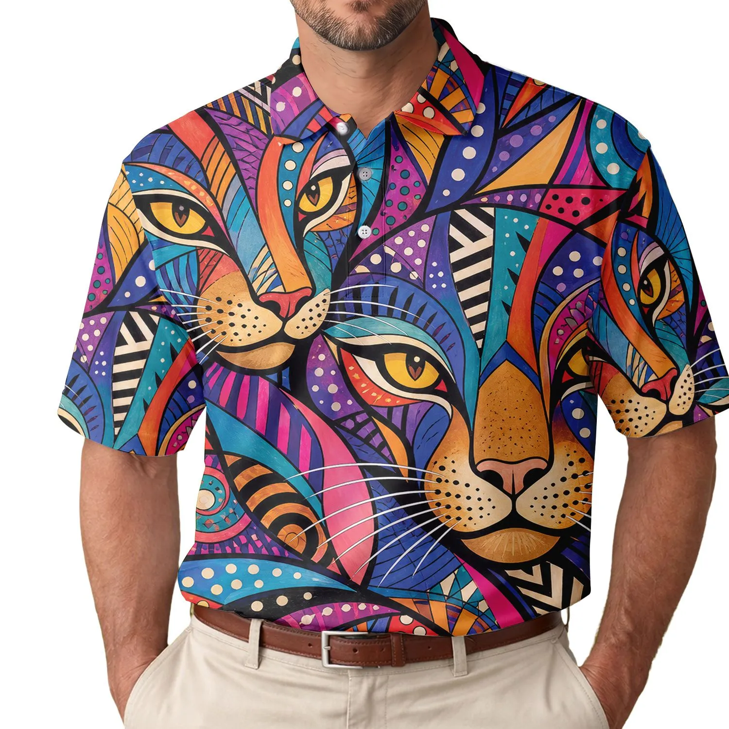 Colorful Abstract Cat Faces For Beach Getaways And Art Loving Cat Style Enthusiasts Men's Polo Shirt - 1