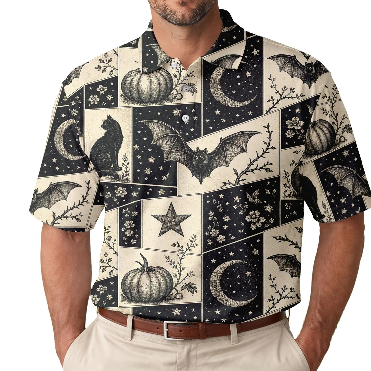 Black And Ivory Halloween Patchwork Bats Pumpkins Moons For Gothic Party Style Lovers Men's Polo Shirt - 1
