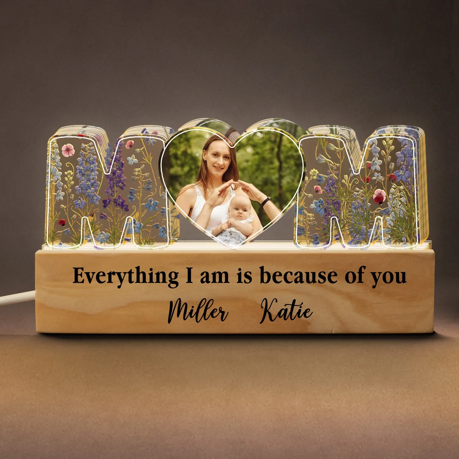 Personalized Mom Photo Night Light – Custom Kids Names LED Lamp with Wildflowers, Christmas Gift for Mom - 1