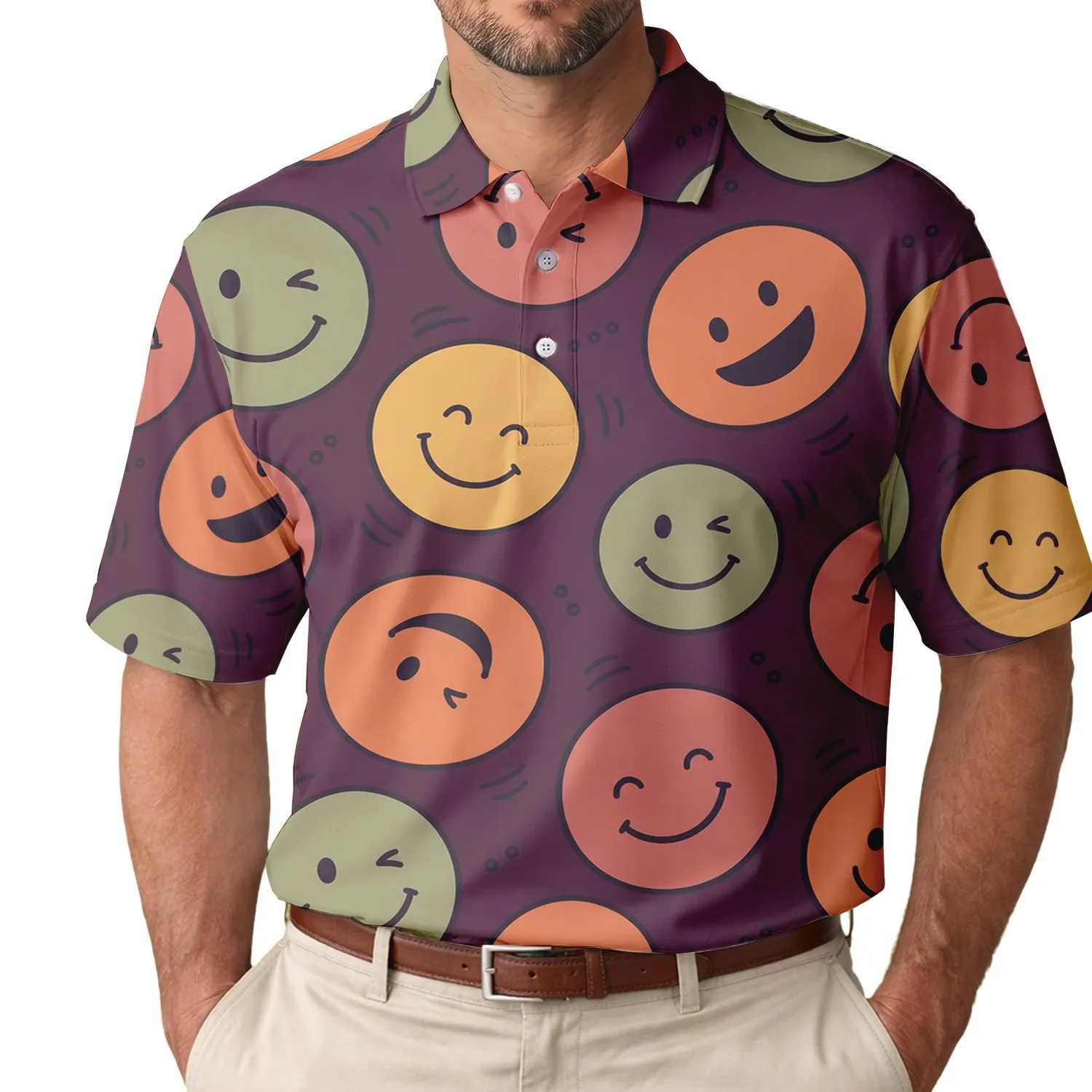 Colorful Smiley Faces for Fun Retro Casual Outfits, Summer Parties, and Gift Giving Men's Polo Shirt - 1