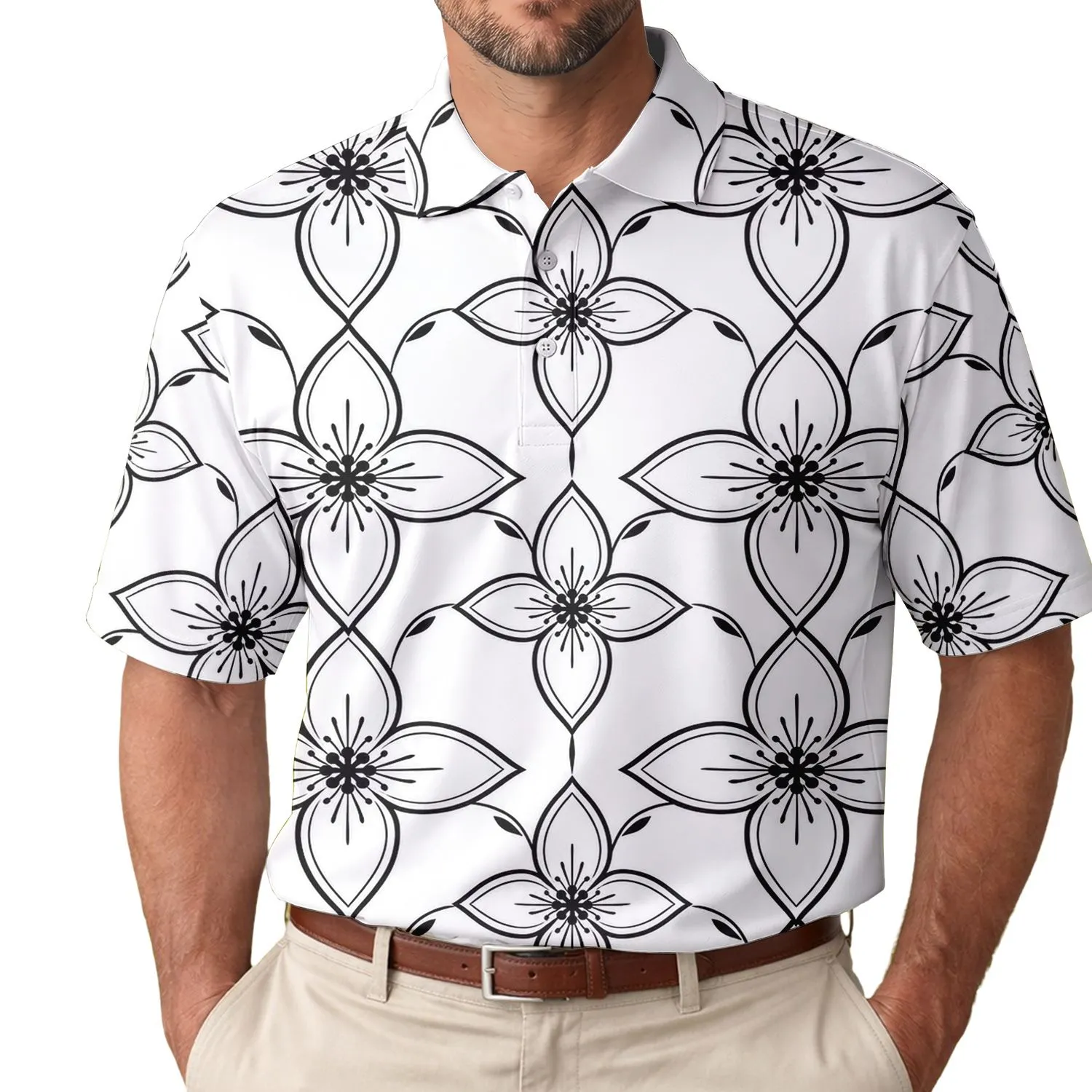 Black Botanical Trellis Floral Resort Style For Beach Dates And Summer Travel Men's Polo Shirt - 1