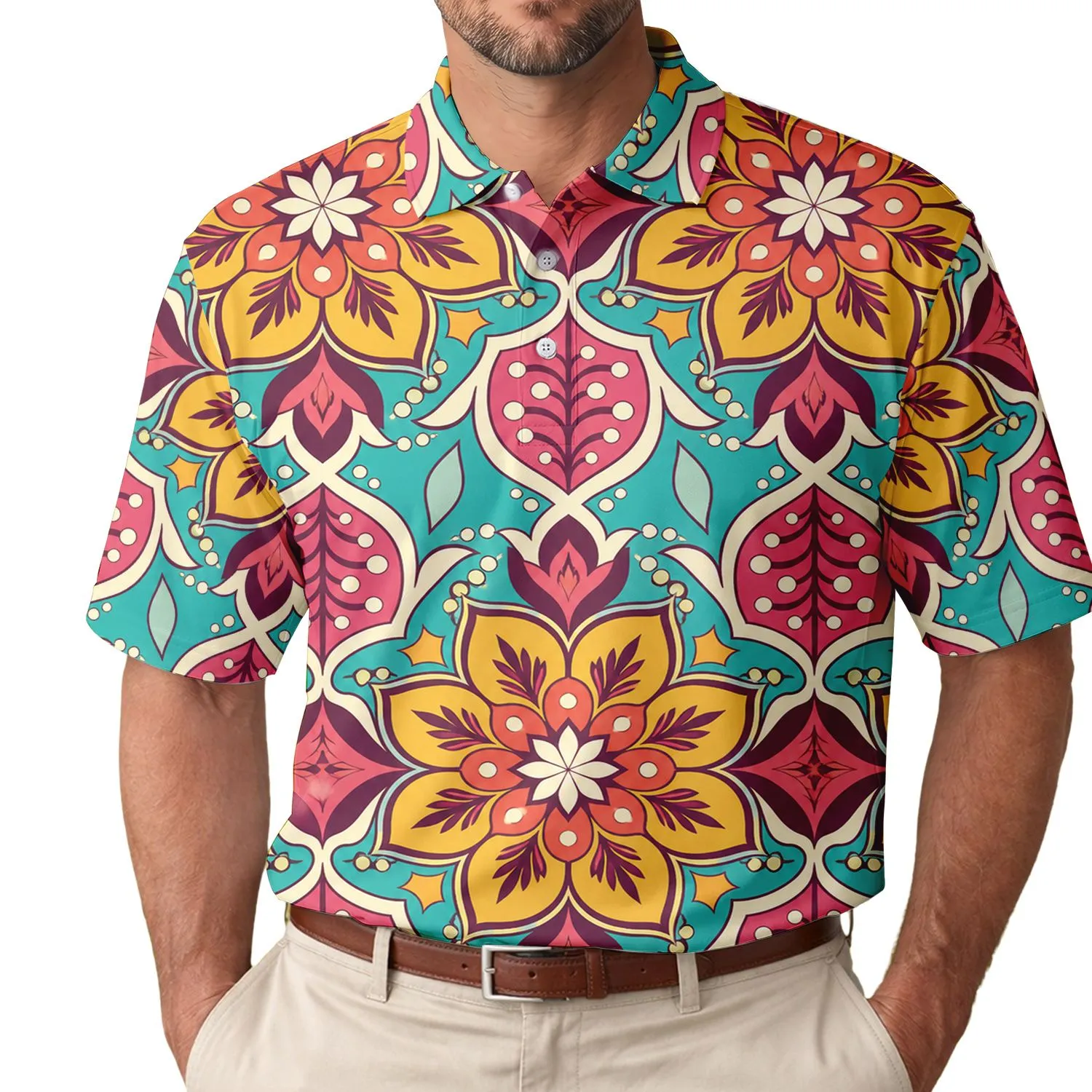Retro Botanical Mandala Floral Lattice For Colorful Weekend And Resort Wear Men Women Men's Polo Shirt - 1
