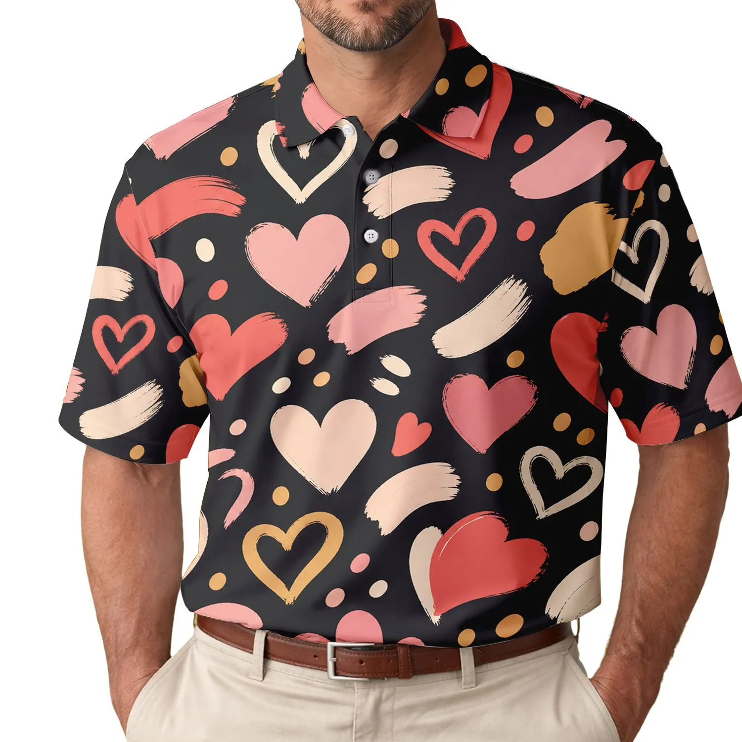 Hand Painted Hearts On Black For Valentine Date Nights And Everyday Style Lovers Men's Polo Shirt - 1