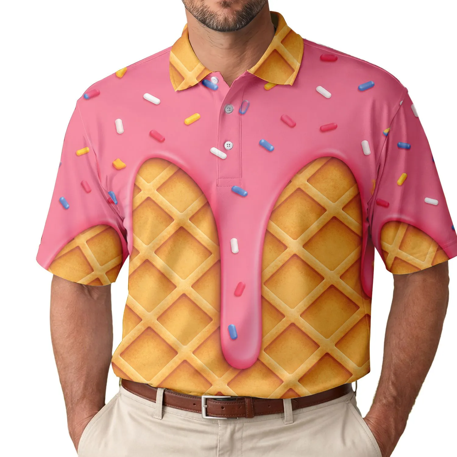 Strawberry Frosting Waffle Cone Ice Cream Look for Golf Days and Resort Casual Wear Men's Polo Shirt - 1