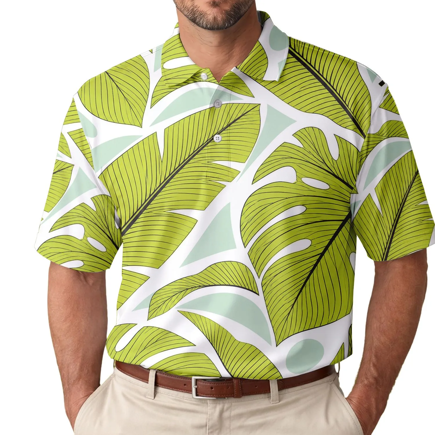 Chartreuse Banana And Philodendron Leaves For Tropical Resort Travel And Beach Style Men's Polo Shirt - 1