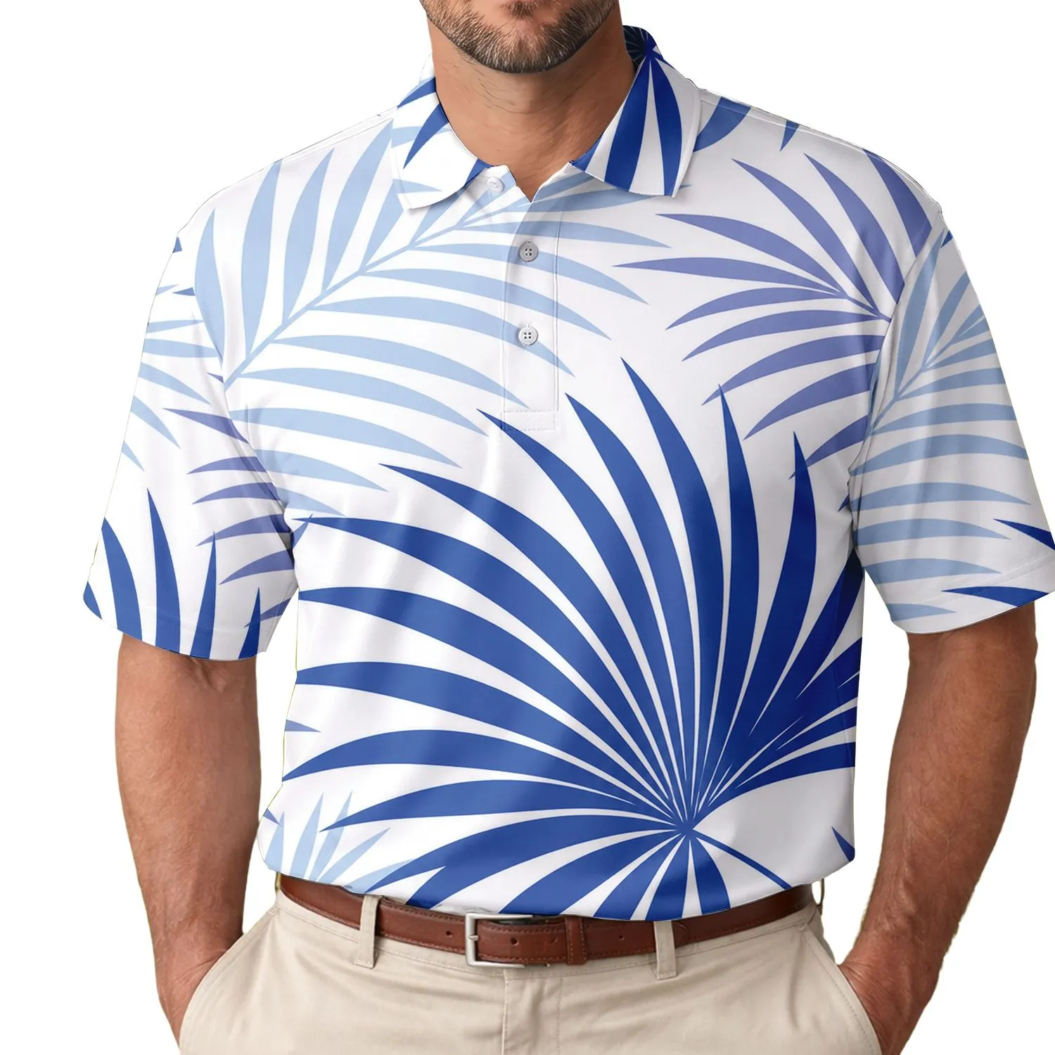 Blue Tropical Palm Leaves For Resort Travel, Beach Holidays And Coastal Vacation Wear Men's Polo Shirt - 1