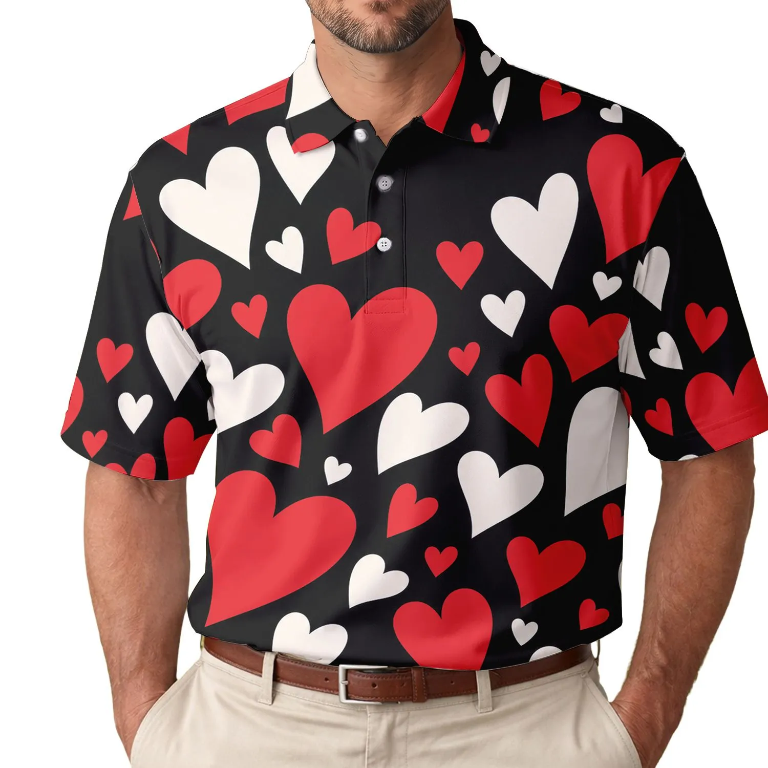 Scarlet Red And White Hearts For Romantic Dates, Parties And Everyday Casual Wear Men's Polo Shirt - 1