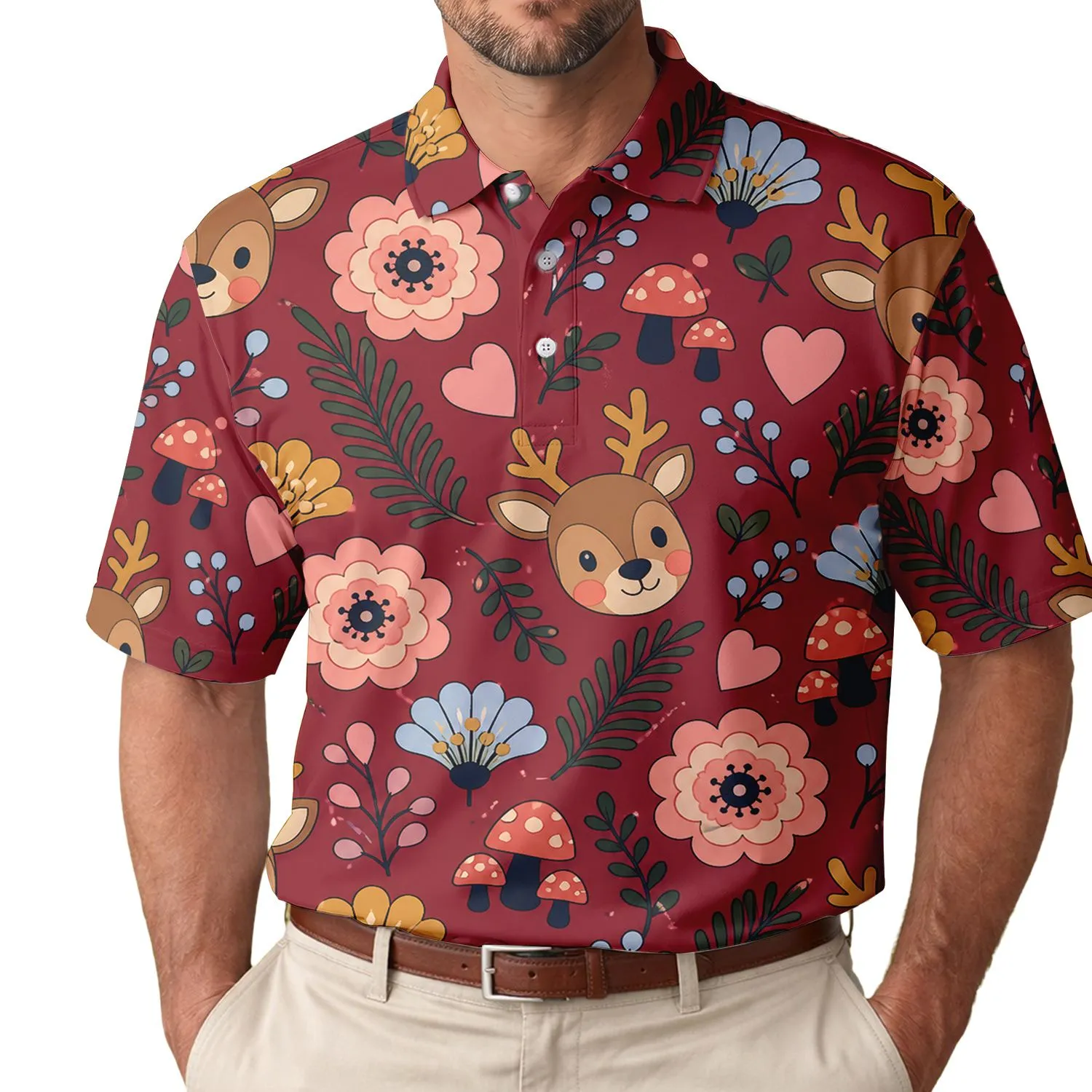 Cheerful Woodland Deer Hearts And Mushrooms For Christmas Winter Romance Gift Giving Men's Polo Shirt - 1
