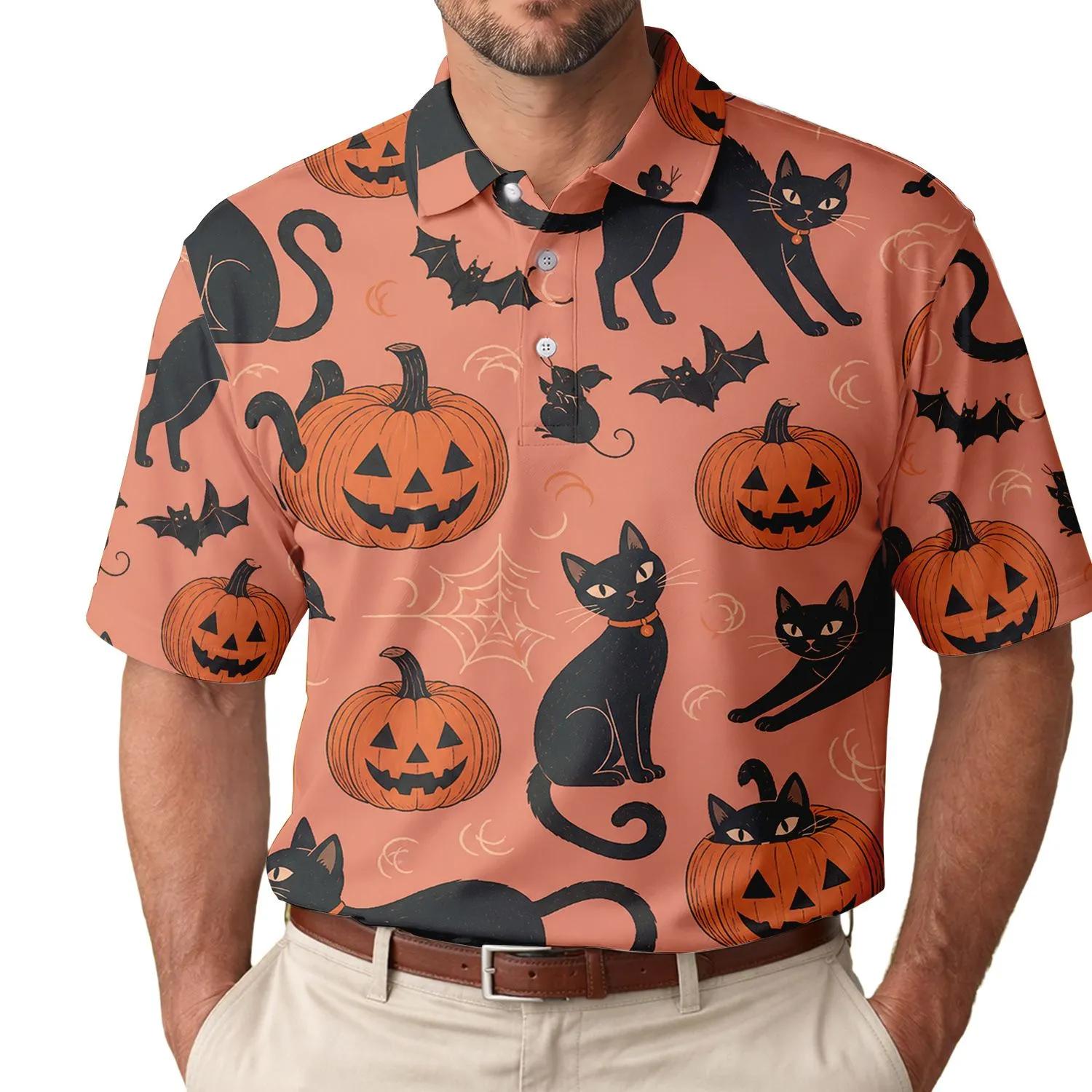 Black Cat And Jack O Lantern Halloween All Over Style For Fall Parties And Cat Lovers Men's Polo Shirt - 1