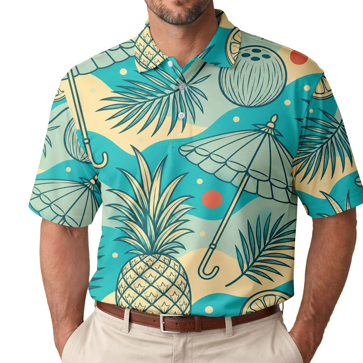 Tropical Pineapple And Parasol Motifs For Resort Vacations And Beach Getaway Wear Men's Polo Shirt - 1