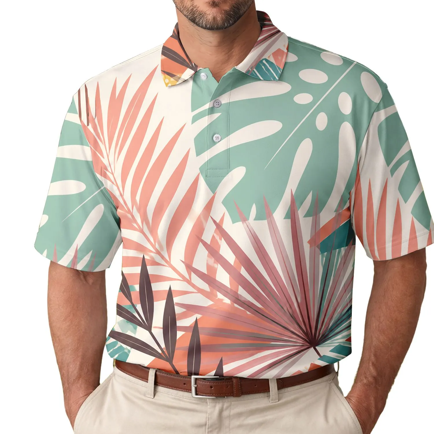 Abstract Tropical Leaf Colorblock Motif For Resort Travel, Beach Days, And Getaways Men's Polo Shirt - 1