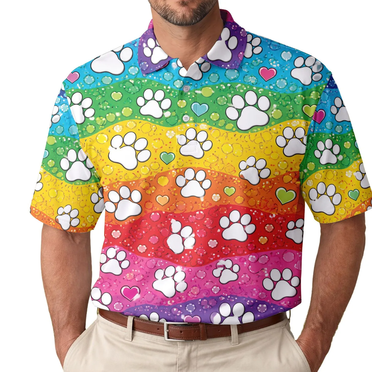 Rainbow Dog Paw Mosaic for Pride Festivals, Dog Walks, and Pet Lover Birthday Gifts Men's Polo Shirt - 1