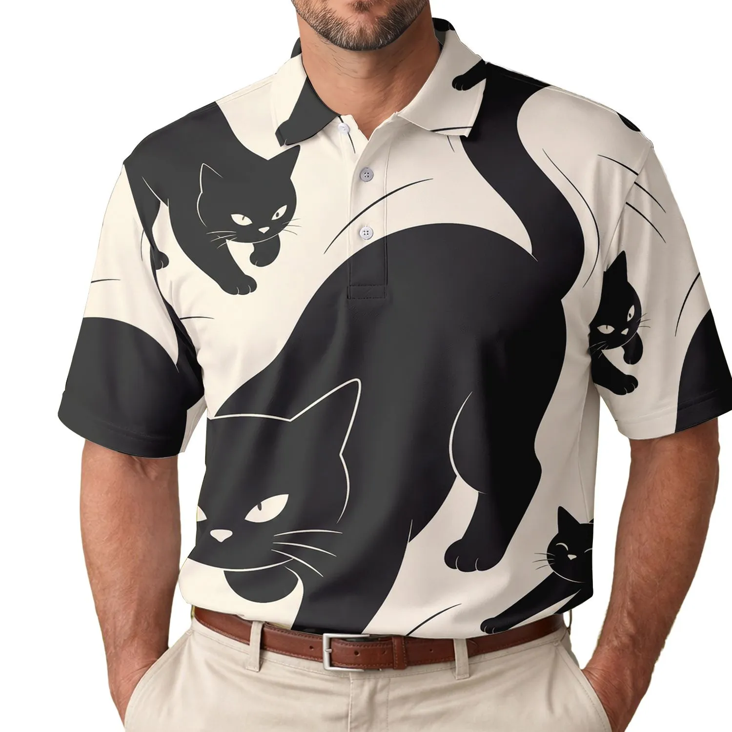 Black Cat Silhouette Minimalist Art for Halloween Outfits and Stylish Cat Lover Gifts Men's Polo Shirt - 1