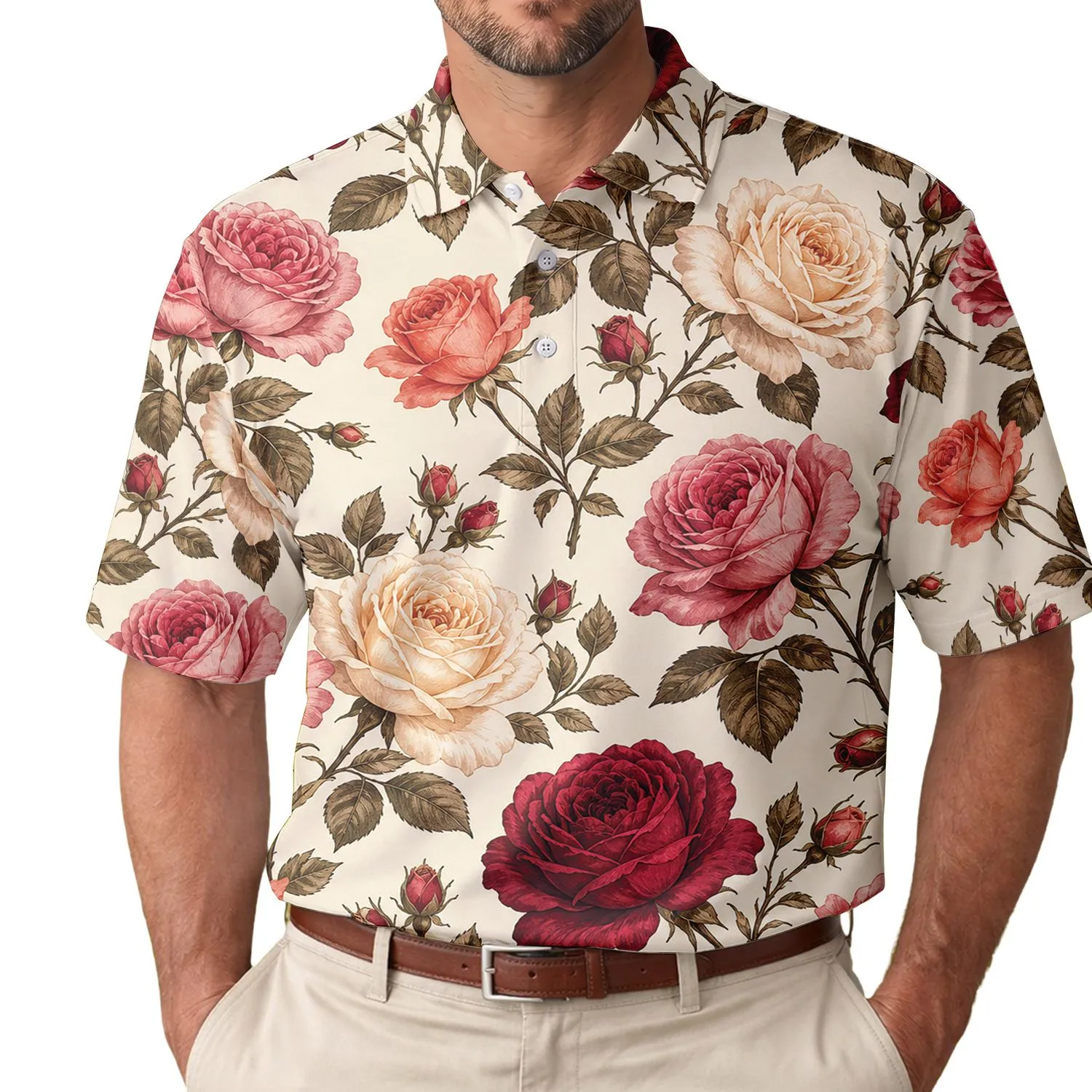 Vintage Burgundy Rose Garden Floral For Romantic Spring Events And Everyday Wear Men's Polo Shirt - 1
