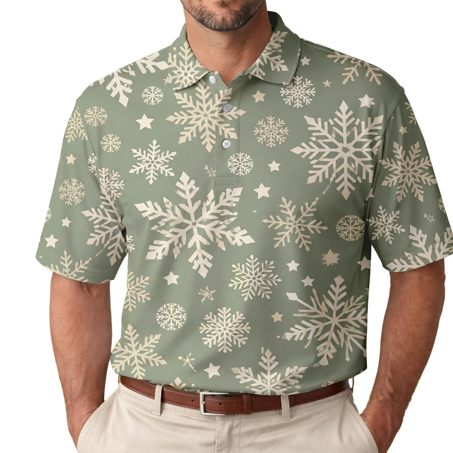 Dusty Sage Ivory Snowflakes for Christmas Gatherings, Winter Travel, and Gift Giving Men's Polo Shirt - 1
