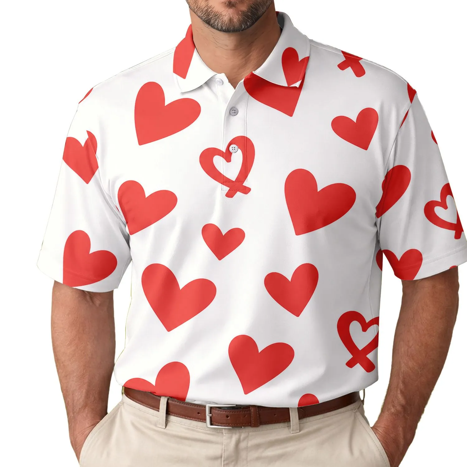 Vermilion Red Hand Drawn Hearts for Valentine's Day Casual Outfits and Everyday Style Men's Polo Shirt - 1