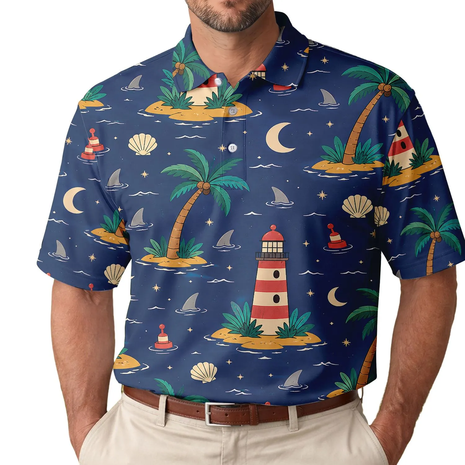Coastal Lighthouse And Palm Night Scene For Beach Vacation Travel Style Men's Polo Shirt - 1